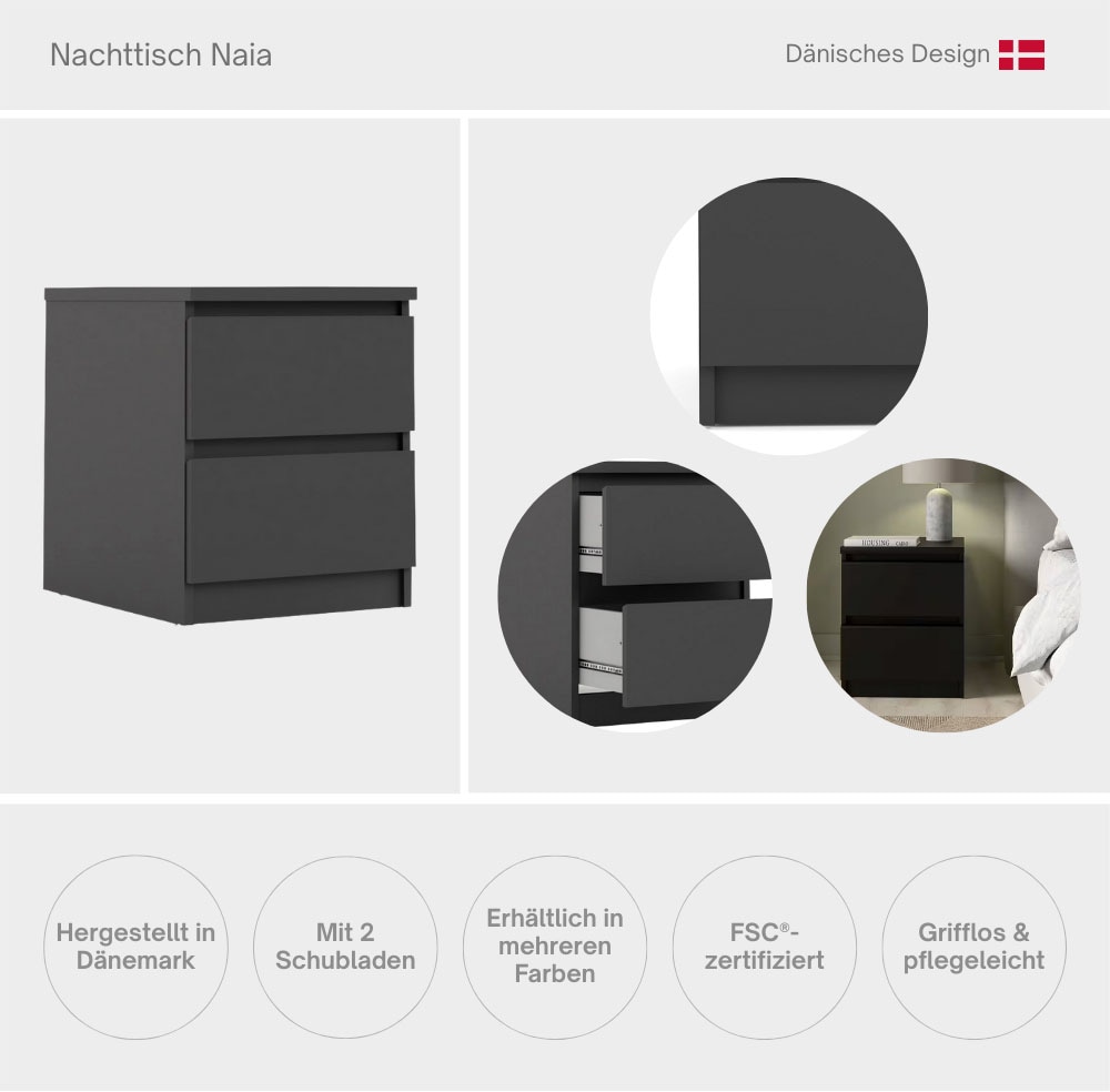 INOSIGN Nachttisch »Naia, 2 Schubladen, Aufbewahrung für das Schlafzimmer, grifflose Front«, Modern, skandinavisches Design, Schmal, in mehrere Farben