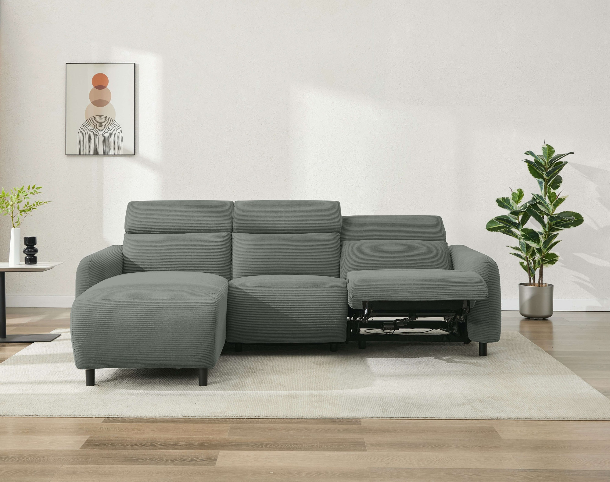 Home affaire Ecksofa »SKAANE in Cord, L-Form, 274 cm, manuelle u. elektrische Funktion,«, rundes Design, Kopfteilverstellung, Federkernpolsterung