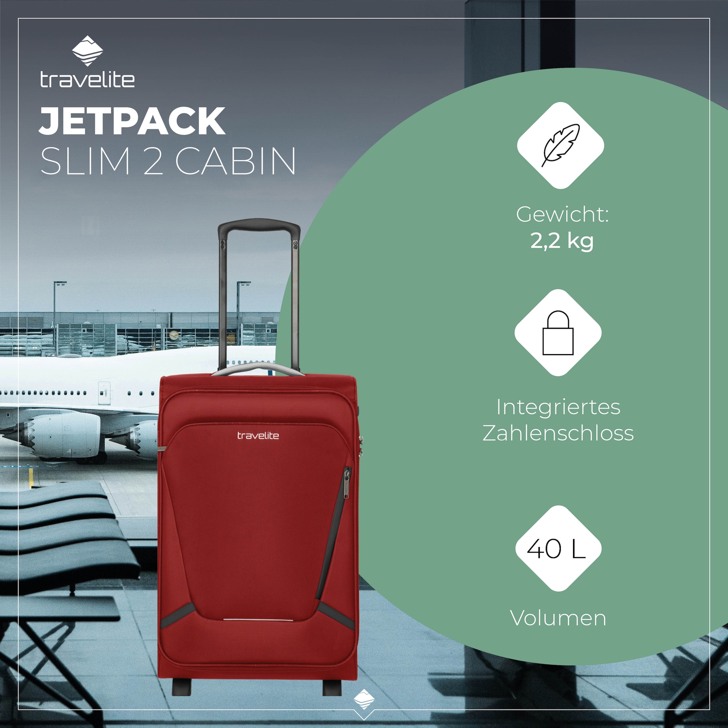 travelite Handgepäck-Trolley »JETPACK Slim 2 Cabin Handgepäck Koffer« 40 l 4 Rollen