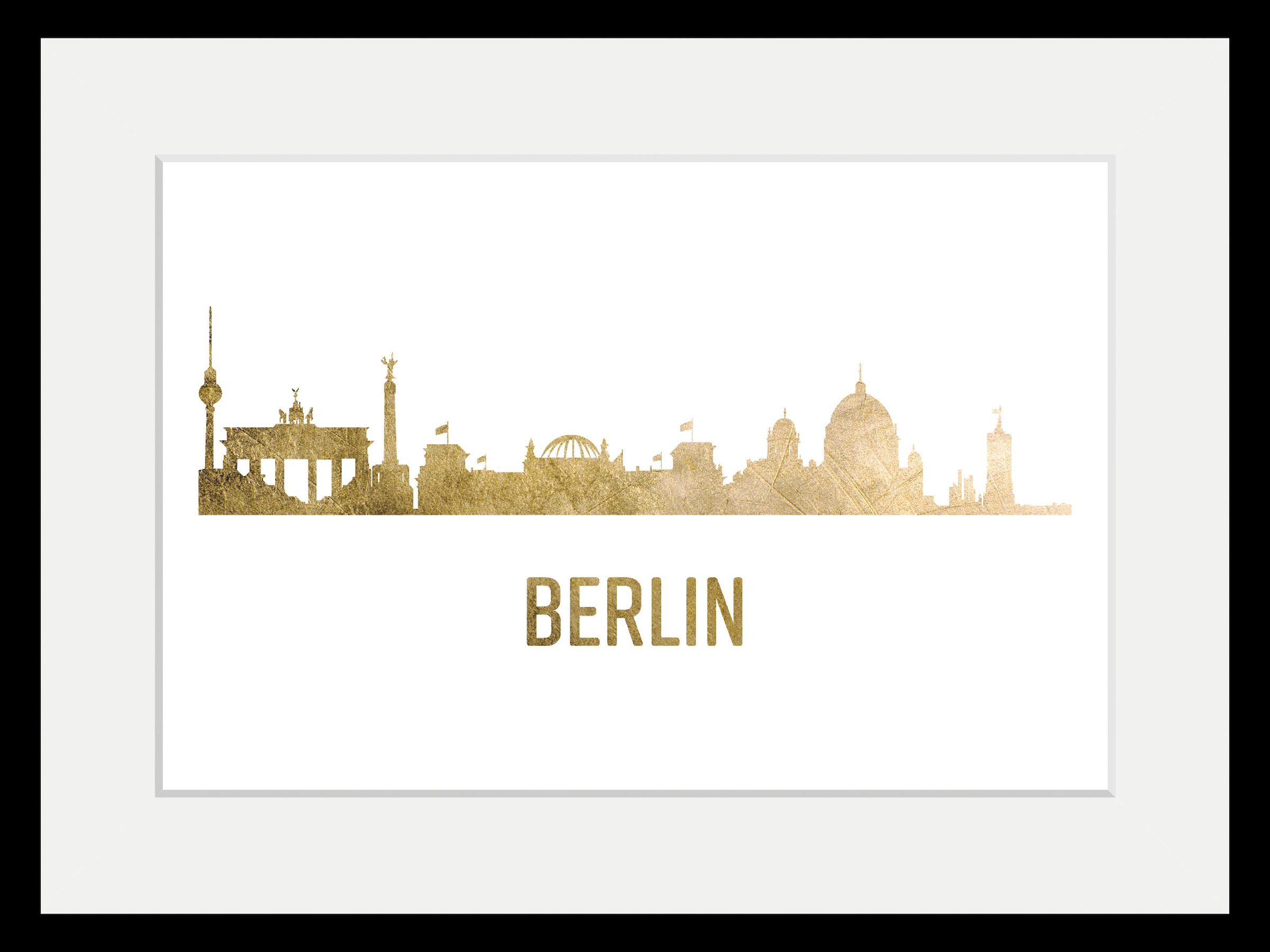 queence Bild »Berlin Skyline GOLD«, Städte-Schriftzug-Deutschland-Stadt-Berlin, (1 St.), HD Premium Poster-Druck inkl. Holzrahmen