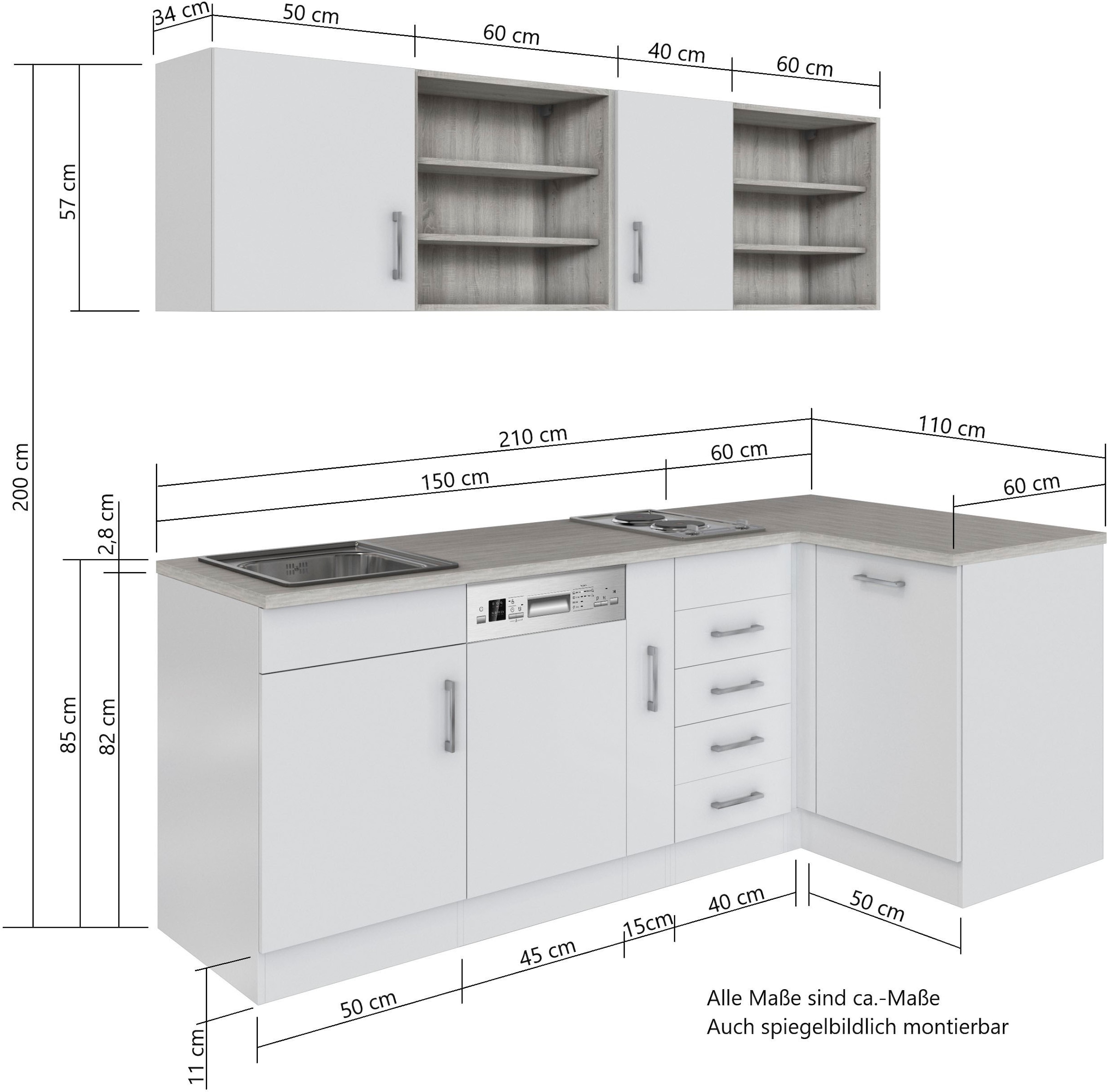 KOCHSTATION Küche »KS-Mali«, Stellbreite 210/110 cm, mit E-Geräten