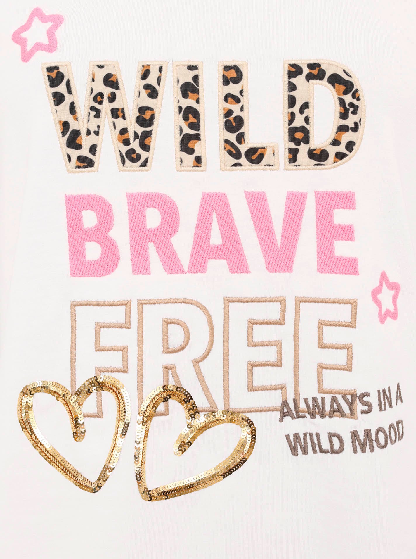 Zwillingsherz T-Shirt »"Wild Brave Free"«, Leo-Muster, Pailletten, Kurzarm, Rundhalsausschnitt, Schriftzüge
