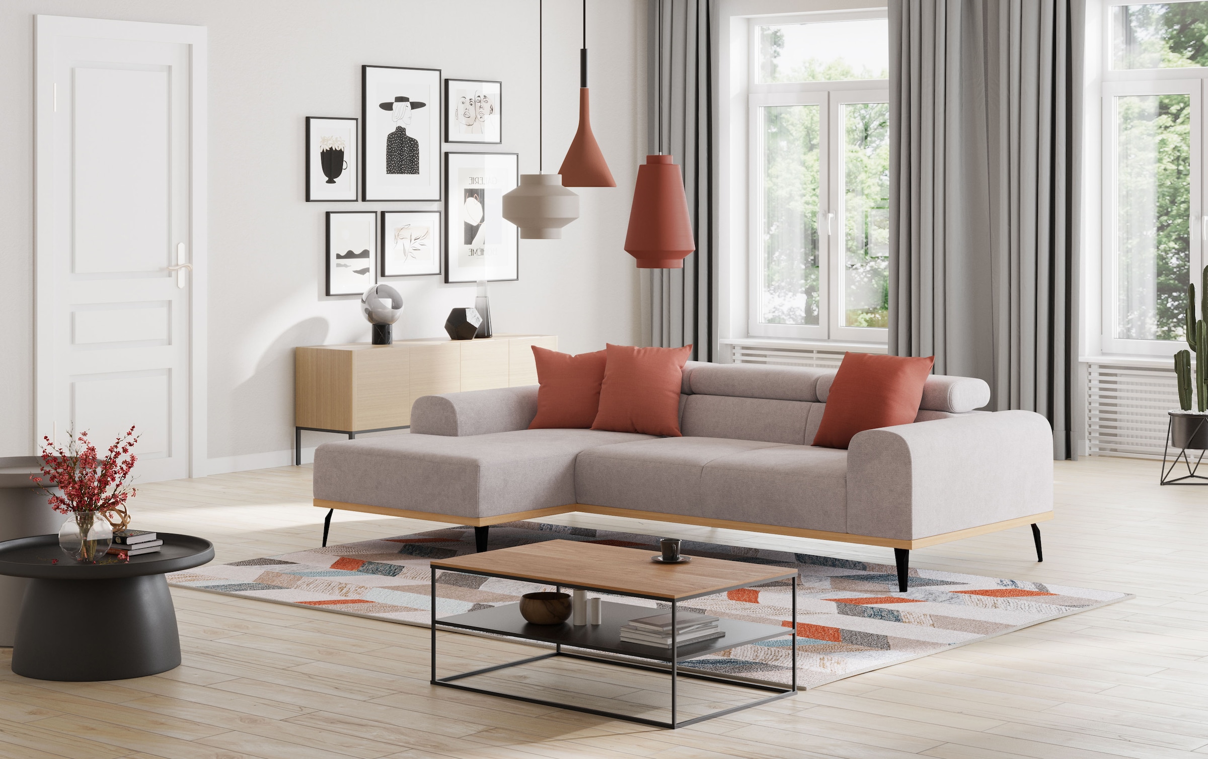 Places of Style Ecksofa »Carlo L-Form«, mit Kopfteilverstellung & Holz-Rahmenoptik, wahlweise Relaxfunktion