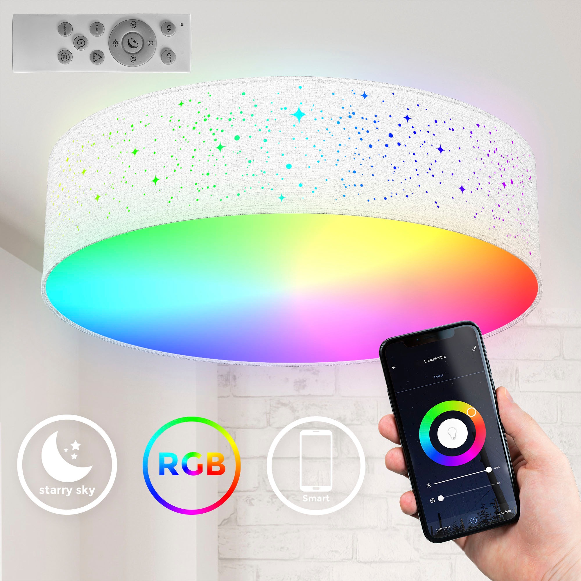 B.K.Licht LED Deckenleuchte »BK_SD1476 WiFi RGB-CCT Deckenlampe, APP-Steuerung, iOS+Andorid«, 1 flammig, Leuchtmittel LED-Modul | LED fest integriert, inkl. Fernbedienung, Farbwechsel und Lichteffekte, Ø39cm