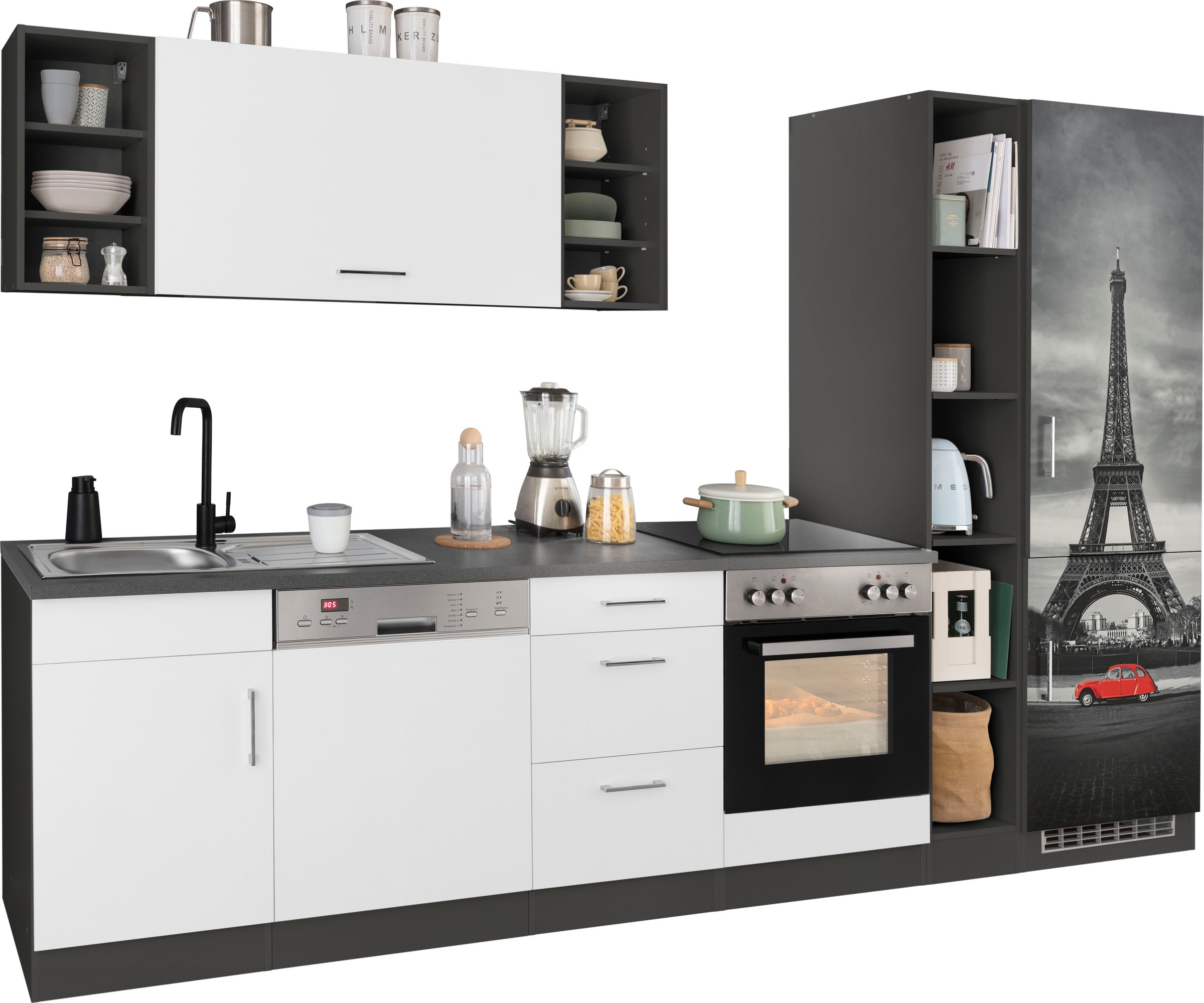 KOCHSTATION Küchenzeile »KS-Paris – Küchen mit einzigartigen Fotomotiven auf den Fronten« Breite 310 cm, wahlweise mit E-Geräten, mit Motivdruck