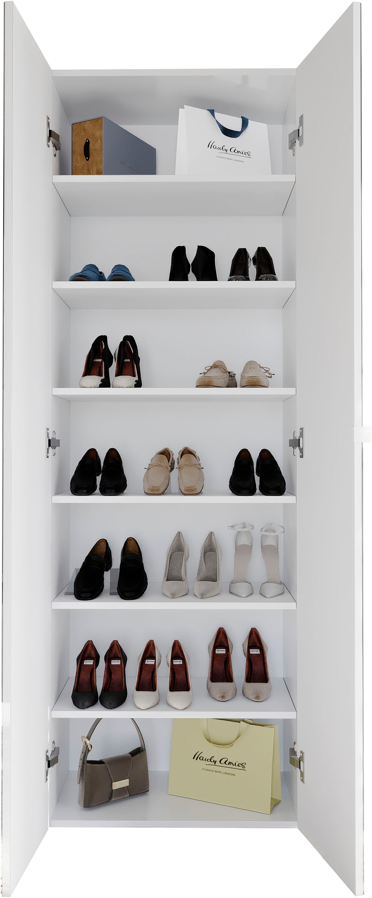 INOSIGN Schuhschrank »SMILE Höhe 184 cm, Weiß Hochglanz lackiert mit 2 Spiegeltüren,«, Schuhregal mit 7 Ebenen, Metallgriff, viel Stauraum, 4 Böden variabel