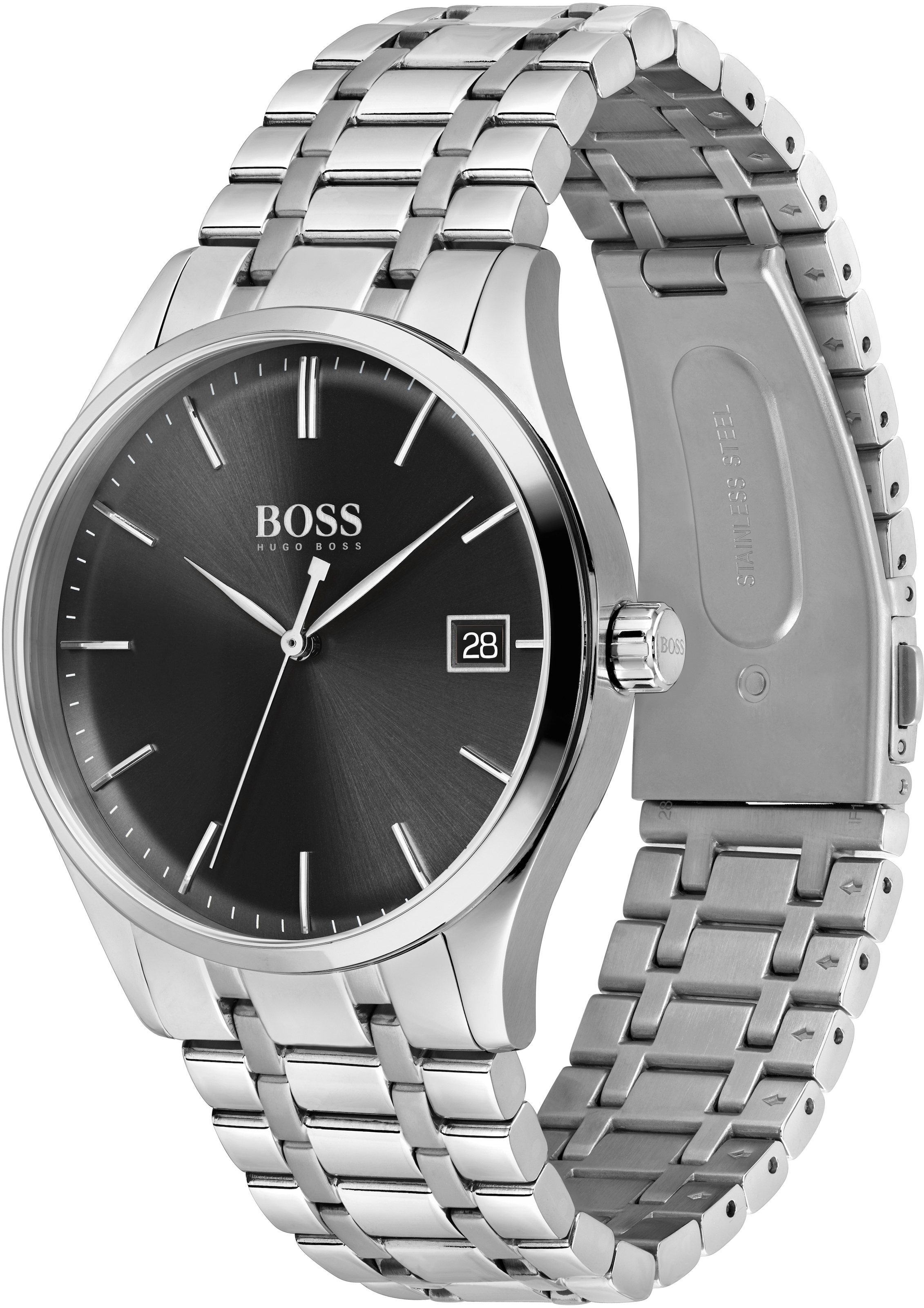 BOSS Quarzuhr »COMMISSIONER«, Herrenuhr, Armbanduhr, Datum, analog, Edelstahlarmband
