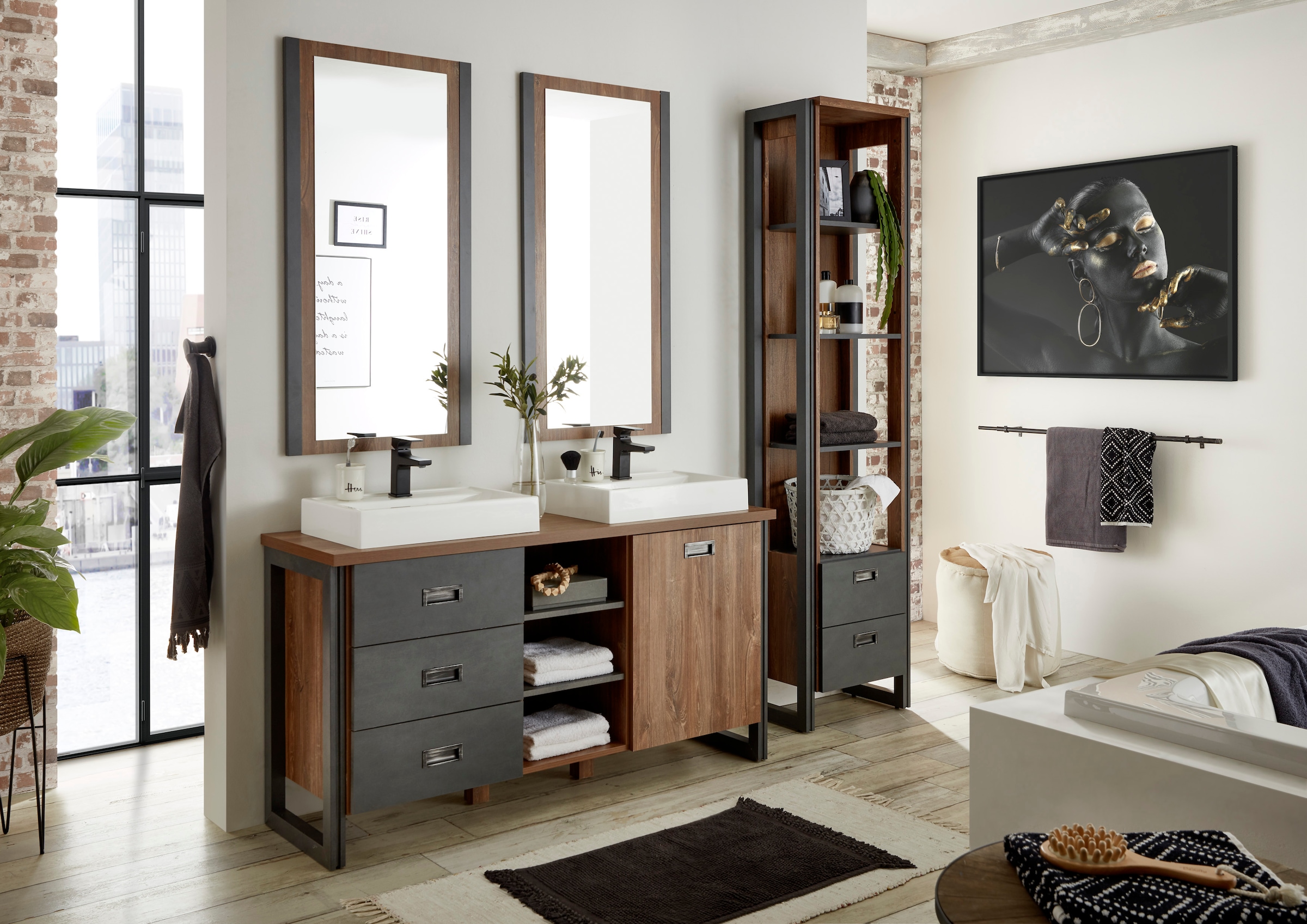 Home affaire Badmöbel-Set »Detroit, Bad im Industrialdesign, 3-teiliges Badezimmer«, (Set, 4 St.), Waschtisch, Regal & Spiegel, inkl. zwei Mineralguss-Aufsatzwaschbecken