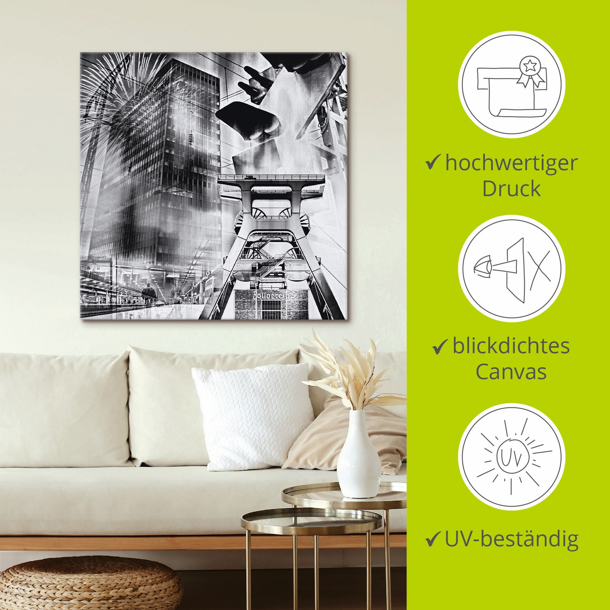Artland Wandbild »Essen Skyline Abstrakte Collage«, Architektonische Elemente, (1 St.), als Leinwandbild, Poster, Wandaufkleber in verschied. Größen