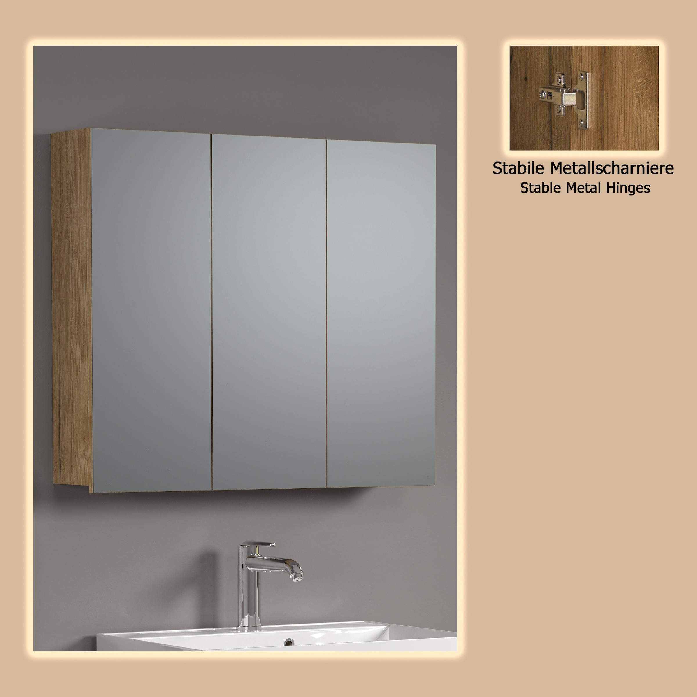 welltime Spiegelschrank »Amrum« 1 Stk. tlg. 3-Türiger Badspiegel mit Stauraum - Maße (B/T/H) 90/20/80 cm