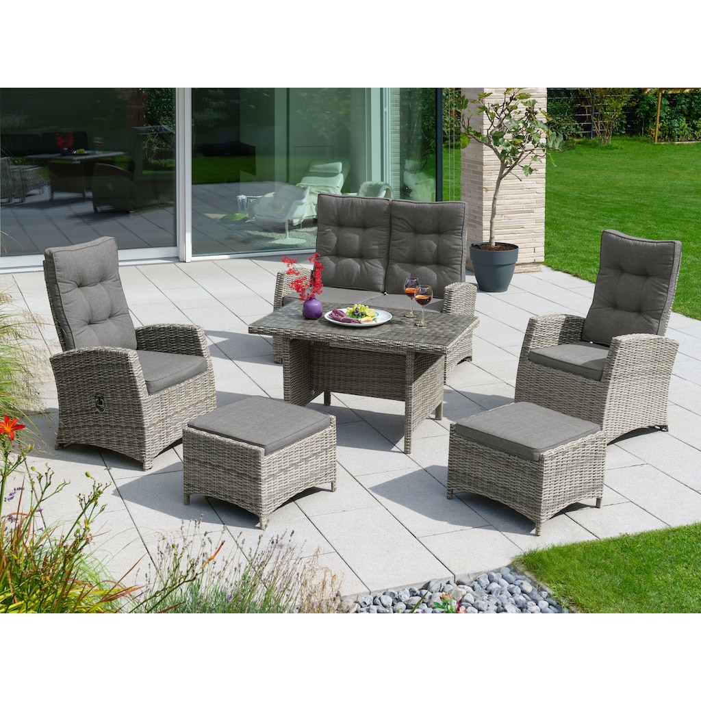 KONIFERA Garten-Essgruppe »Monaco«, (Set, 16 tlg., 1x2er Sofa, 2x Sessel, 2x Hocker, 1x Tisch 120x70x66cm, inkl. Auflagen)