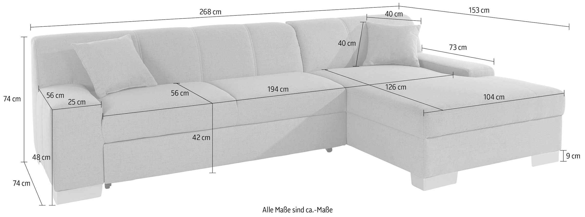 DOMO collection Ecksofa »Bero, elegant und zeitlos, flache  Armlehnen, Breite 268cm L-Form« fester Sitzkomfort, wahlweise mit Bettfunktion