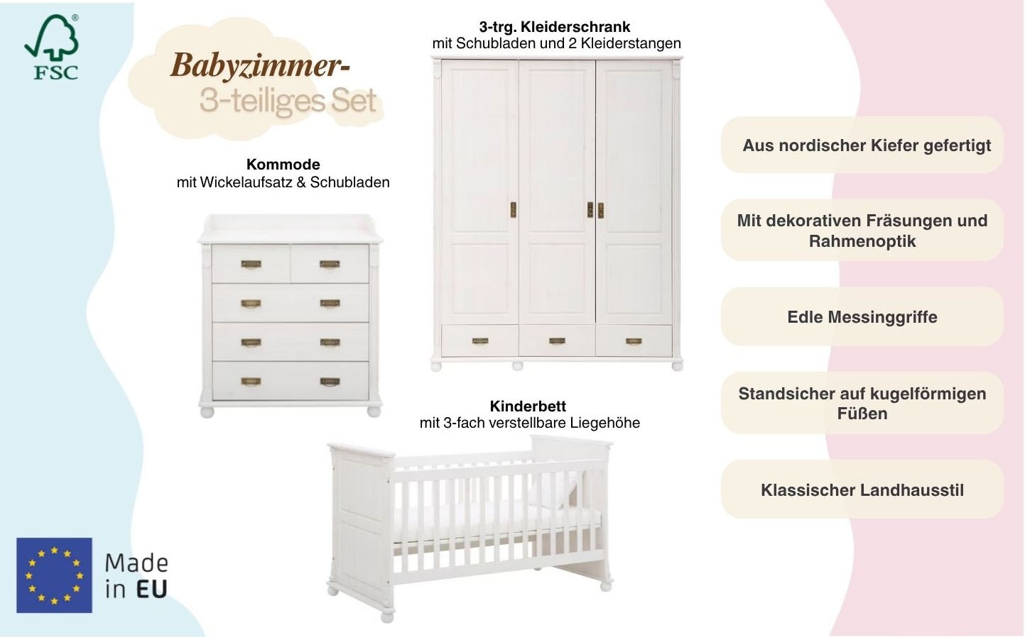 Lüttenhütt Babyzimmer-Komplettset »"Aimo", Landhausstil, stabile Qualität, edles Design, Messinggriffe« Set, Kinderbett, Schrank, Wickelkommode, 3 Stk. tlg. aus Massivholz; FSC®-Holz aus gewissenhaft bewirtschafteten Wäldern