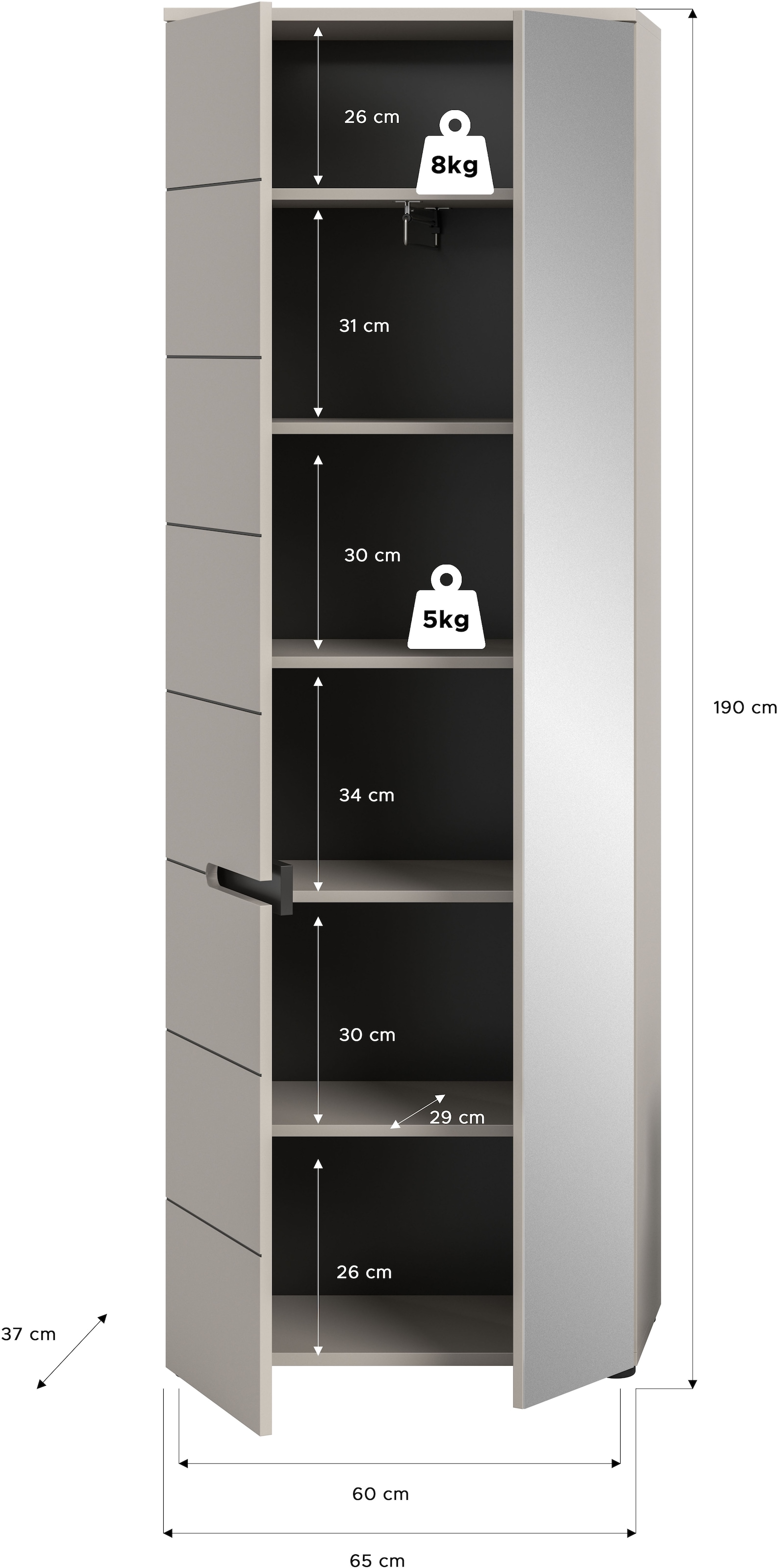 Home affaire Garderobenschrank »REHAT, TOPSELLER!, Höhe 190cm, 2 Türen, 6 Fächer, 1 Kleiderstange« in verschiedenen Farben erhältlich, 1 Stk. tlg. Garderobe, Flurschrank, Dielenschrank, Kleiderschrank, Garderobenmöbel