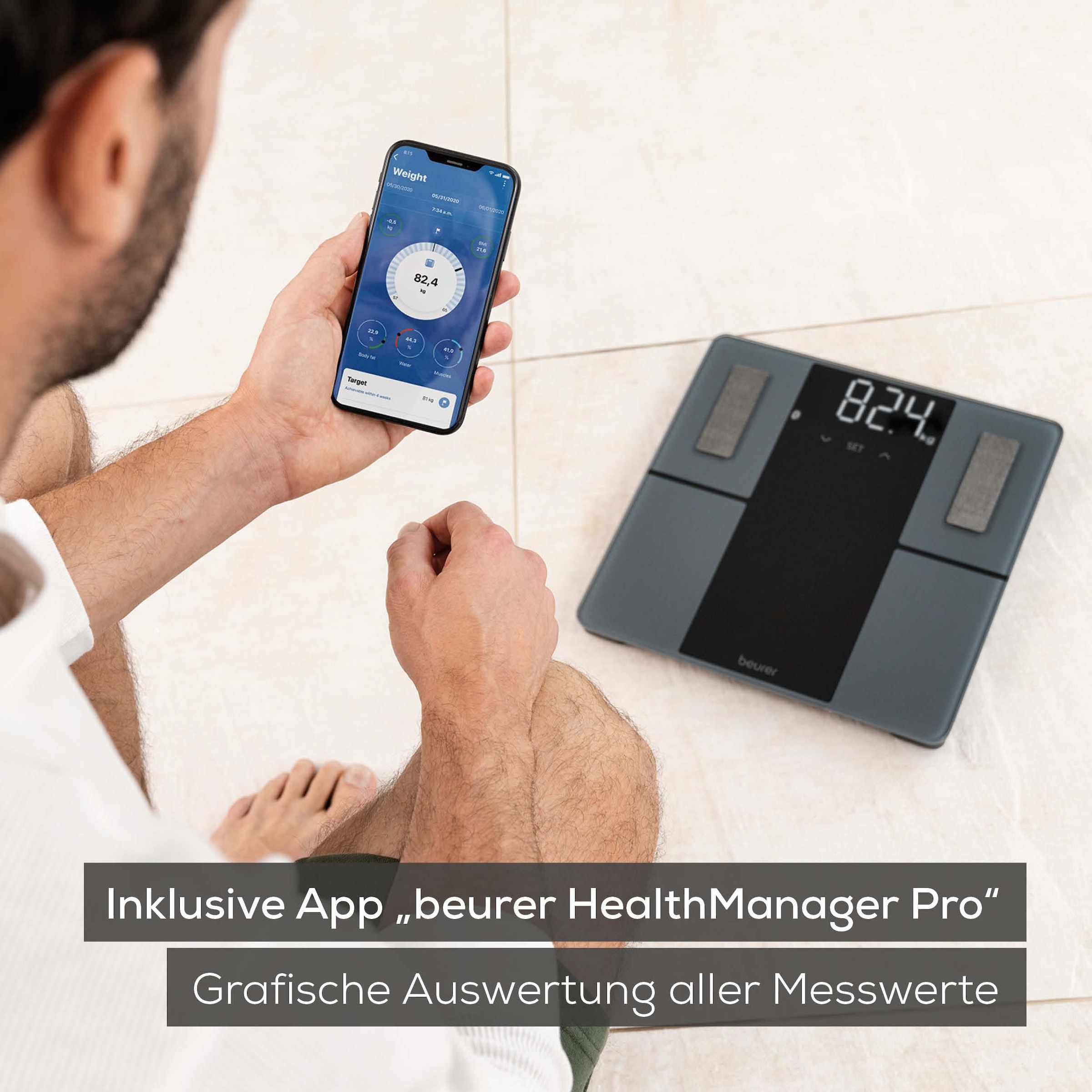 BEURER Körper-Analyse-Waage »BF 500 mit automatischer Übertragung der Messdaten via Bluetooth«, Gratis App "Beurer HealthManager Pro" zur grafischen Anzeige der Werte