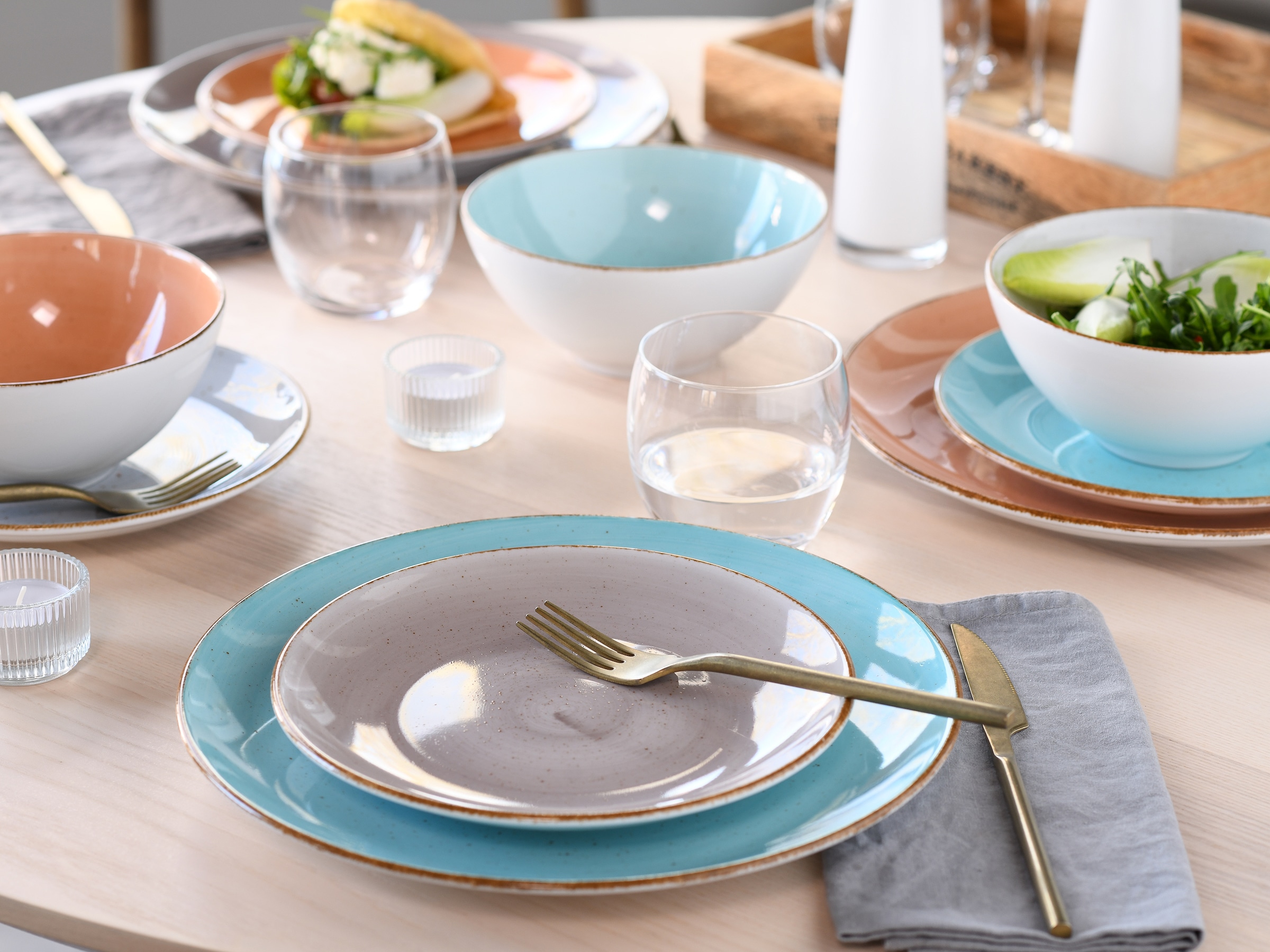 CreaTable Kombiservice »Geschirr-Set VINTAGE NATURE«, (Set, 16 tlg., Kaffeeservice und Tafelservice im Set, für 4 Personen), Service, handgemalt, gesprenkelt, 16 Teile, für 4 Personen