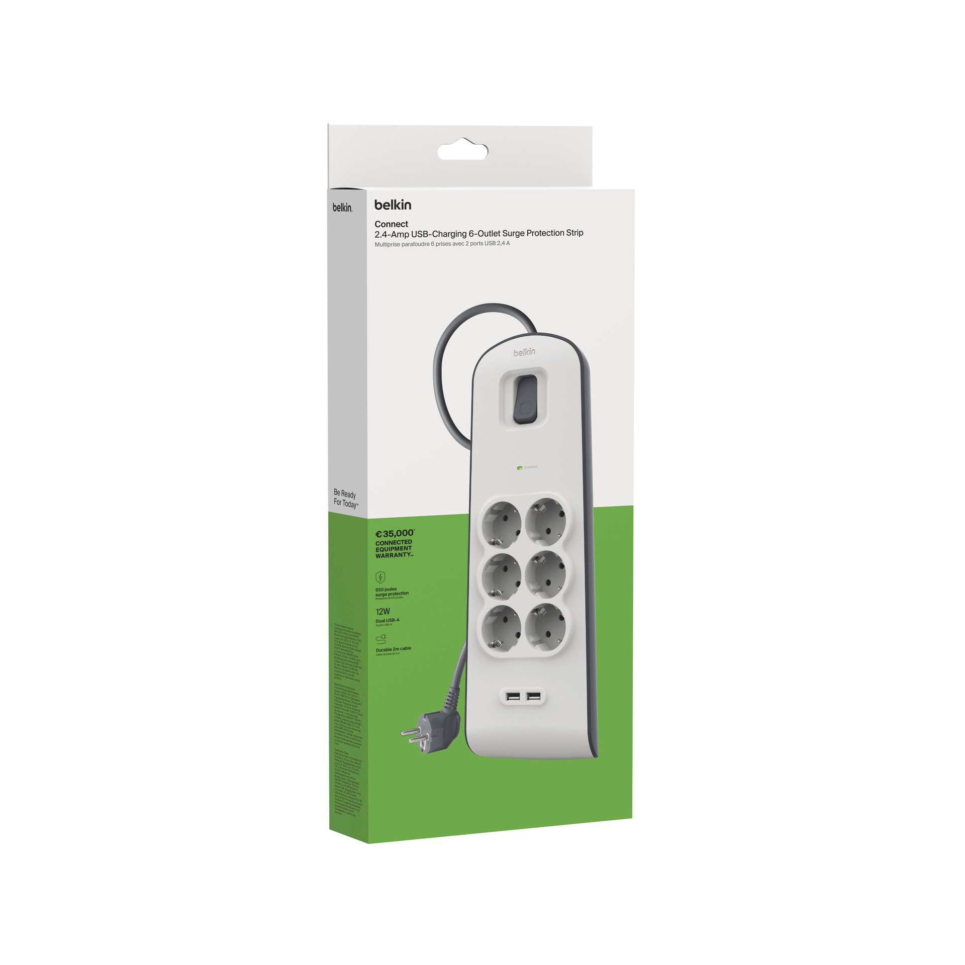 Belkin Steckdosenleiste »6fach-Steckdosenleiste mit Überspannungsschutz, 2-m-Kabel und USB-A«, 6-fach, (Ein- / Ausschalter Überspannungsschutz Kabellänge 2 m), 2 USB-Anschlüsse mit maximal 2,4 A