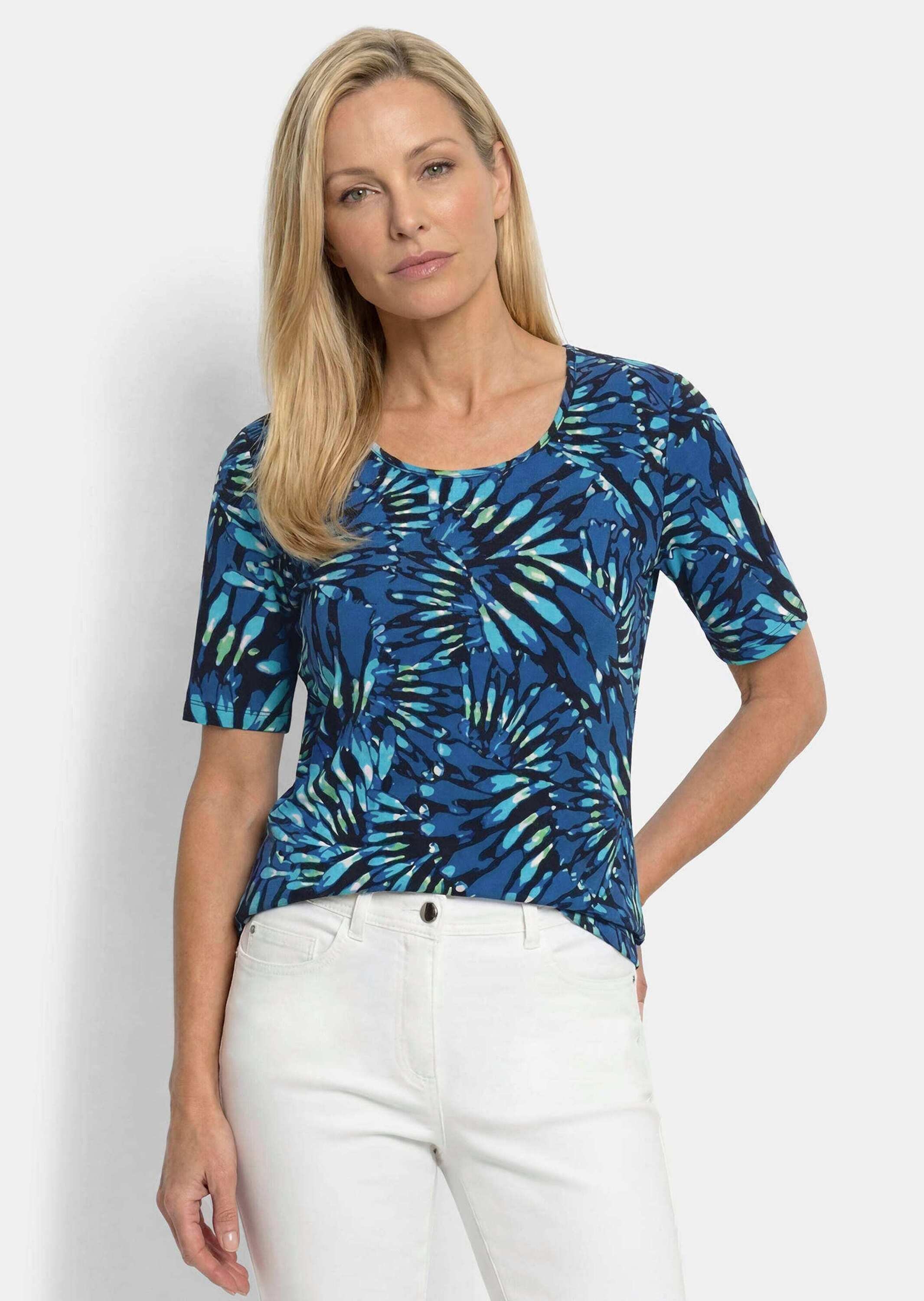 GOLDNER Kurzarmshirt »Kurzgröße Baumwollshirt mit femininen Blüten« angenehme Jerseyqualität