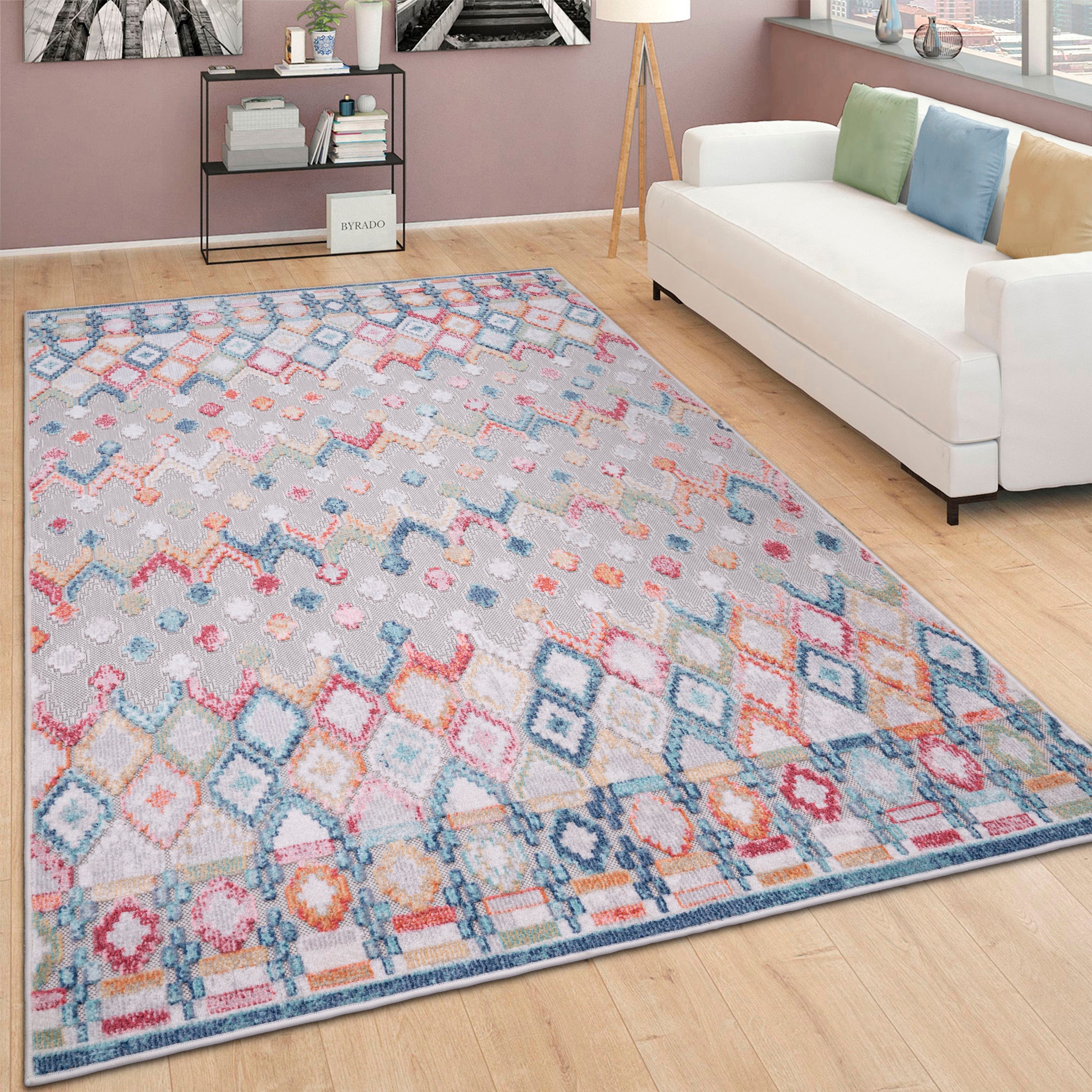 Paco Home Teppich »Fusion 764«, rechteckig, 10 mm Höhe, Kurzflor, Rauten Muster, In- und Outdoor geeignet, Wohnzimmer