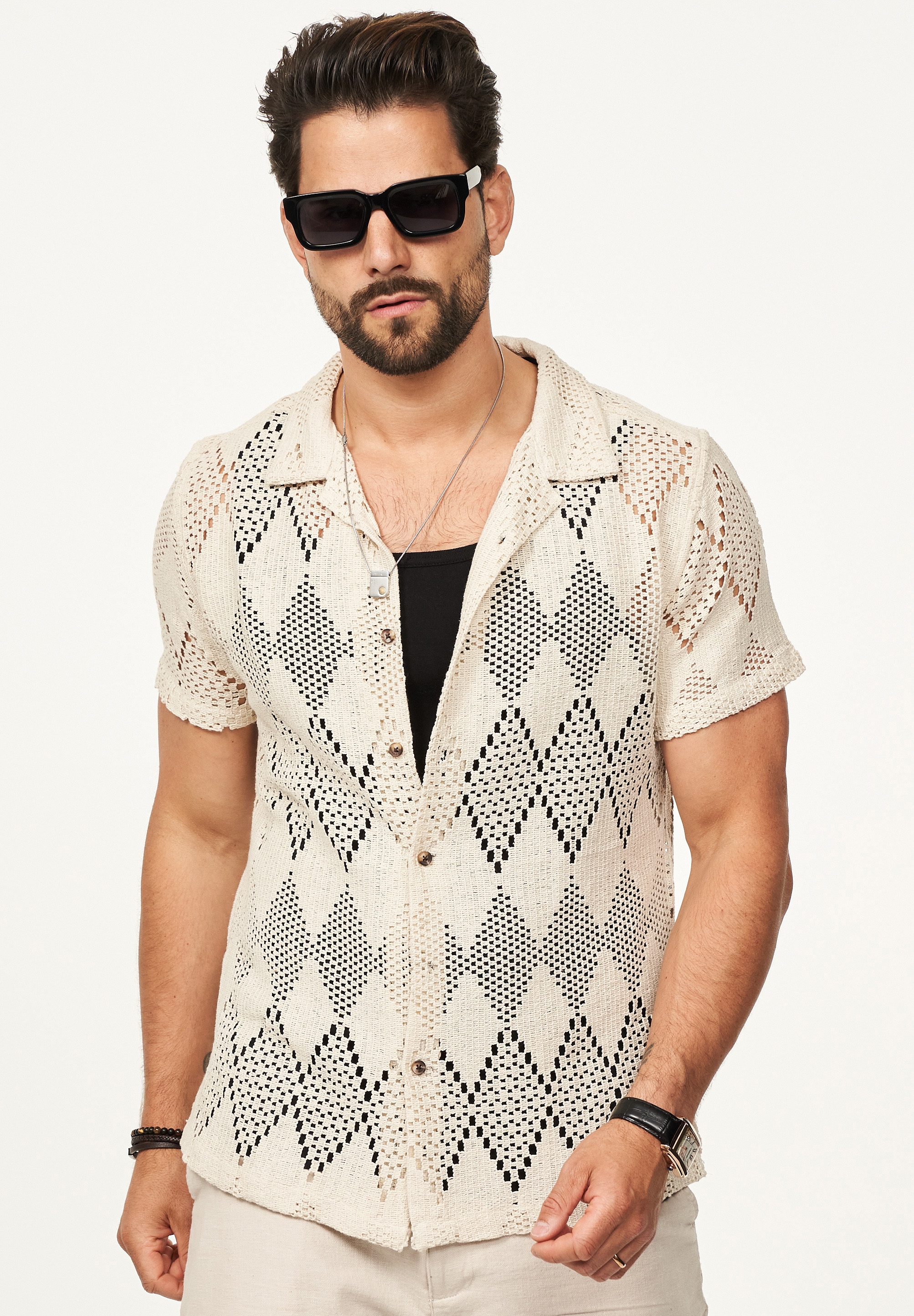 SOULSTAR Kurzarmhemd »Freizeithemd als Kurzam Strick Hemd im Retro-Look - Strick Polo-Hemd Overshirt im Regular-Fit für Herren« Herren Strick Polo-Hemd T-Shirt im Regular-Fit Festival Hemd