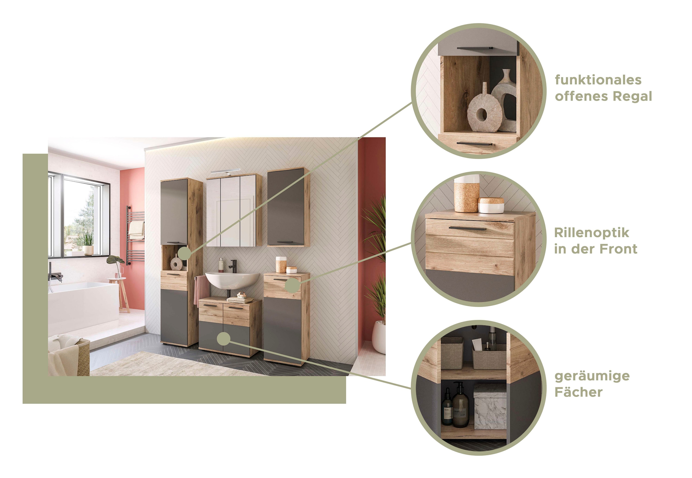 INOSIGN Badezimmerspiegelschrank »Riga, Breite 60cm, inkl. LED Beleuchtung, 3 Spiegeltüren, 9 Fächer«, (Set, 2 St.), Badmöbel, Badschrank, Schrank, Wandschrank, Bad, Badezimmer