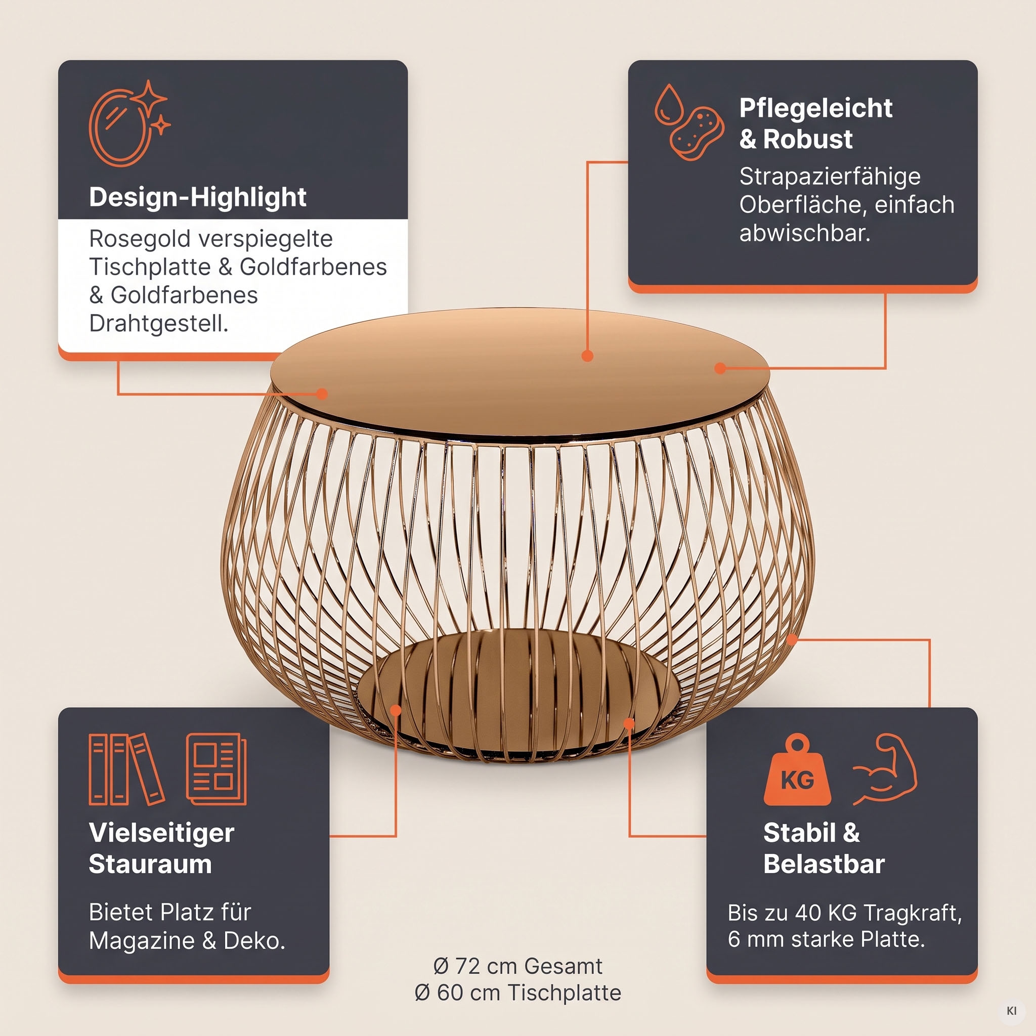 SalesFever Couchtisch »Coffeetable: Stilvolle Wohnzimmer-Ergänzung« Kristallklare Eleganz mit Marmoroptik, rosegoldfarben