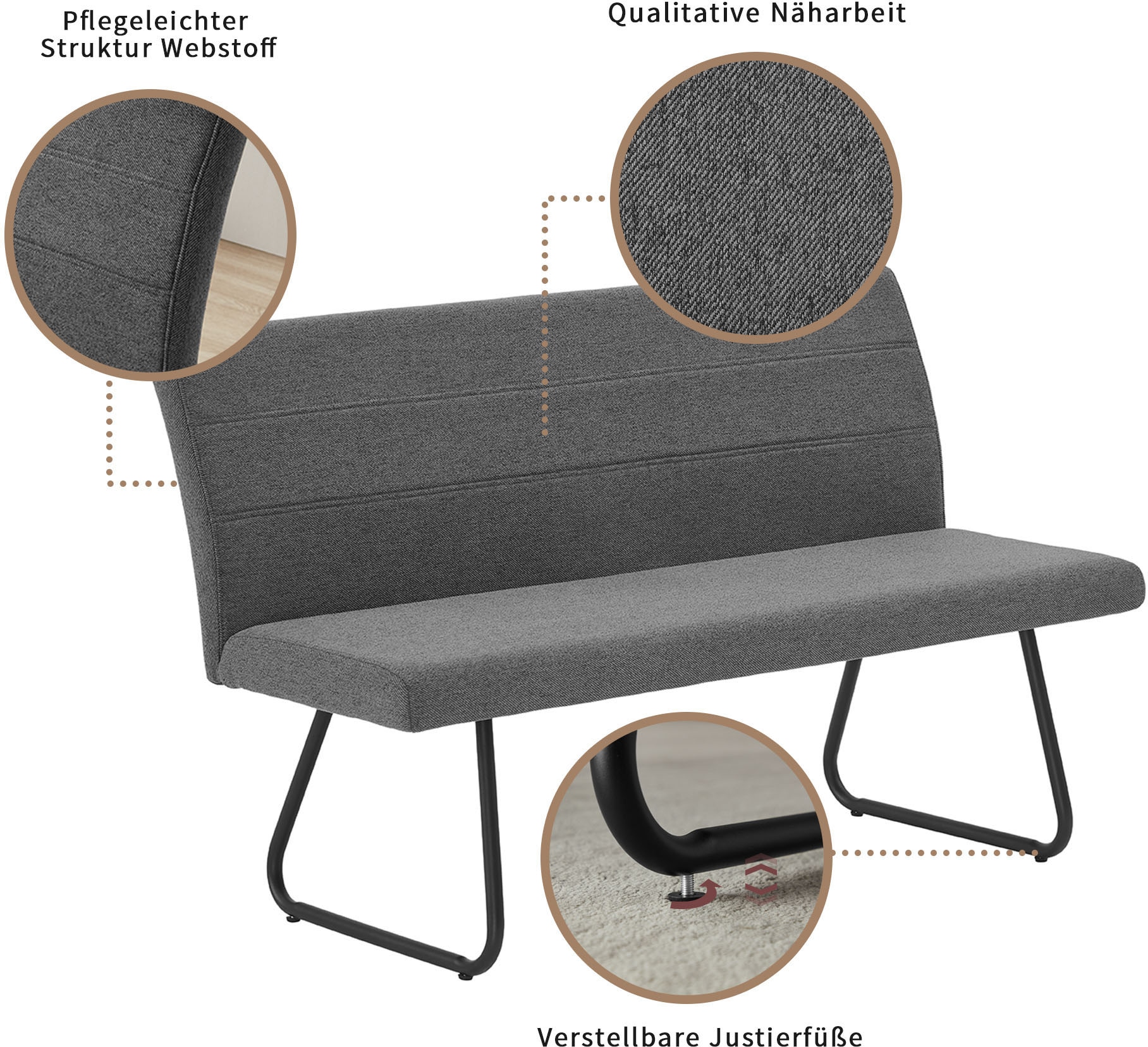 OTTO home Bank »Blee« pflegeleichter Strukturstoff, Metallgestell, verstellbaren Justierfüße