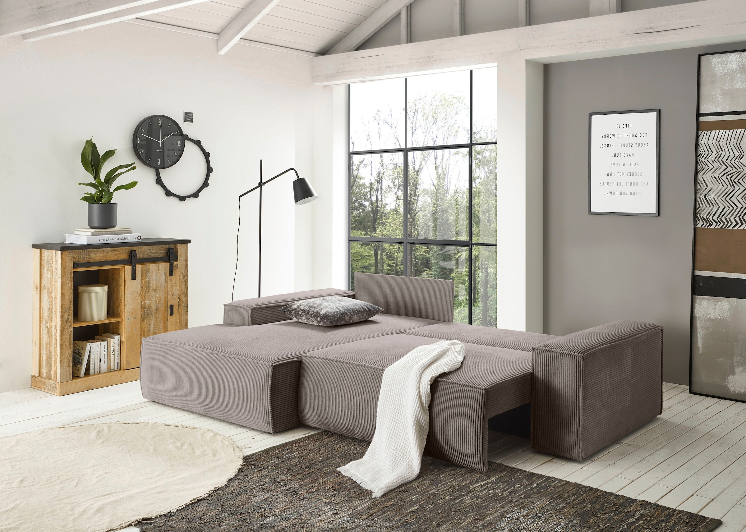 Home affaire Ecksofa »SHERWOOD Schlafsofa 267 cm, L-Form,«, Schlaffunktion mit Bettkasten (210x136 cm), Cord, Vintage, Samtvelours