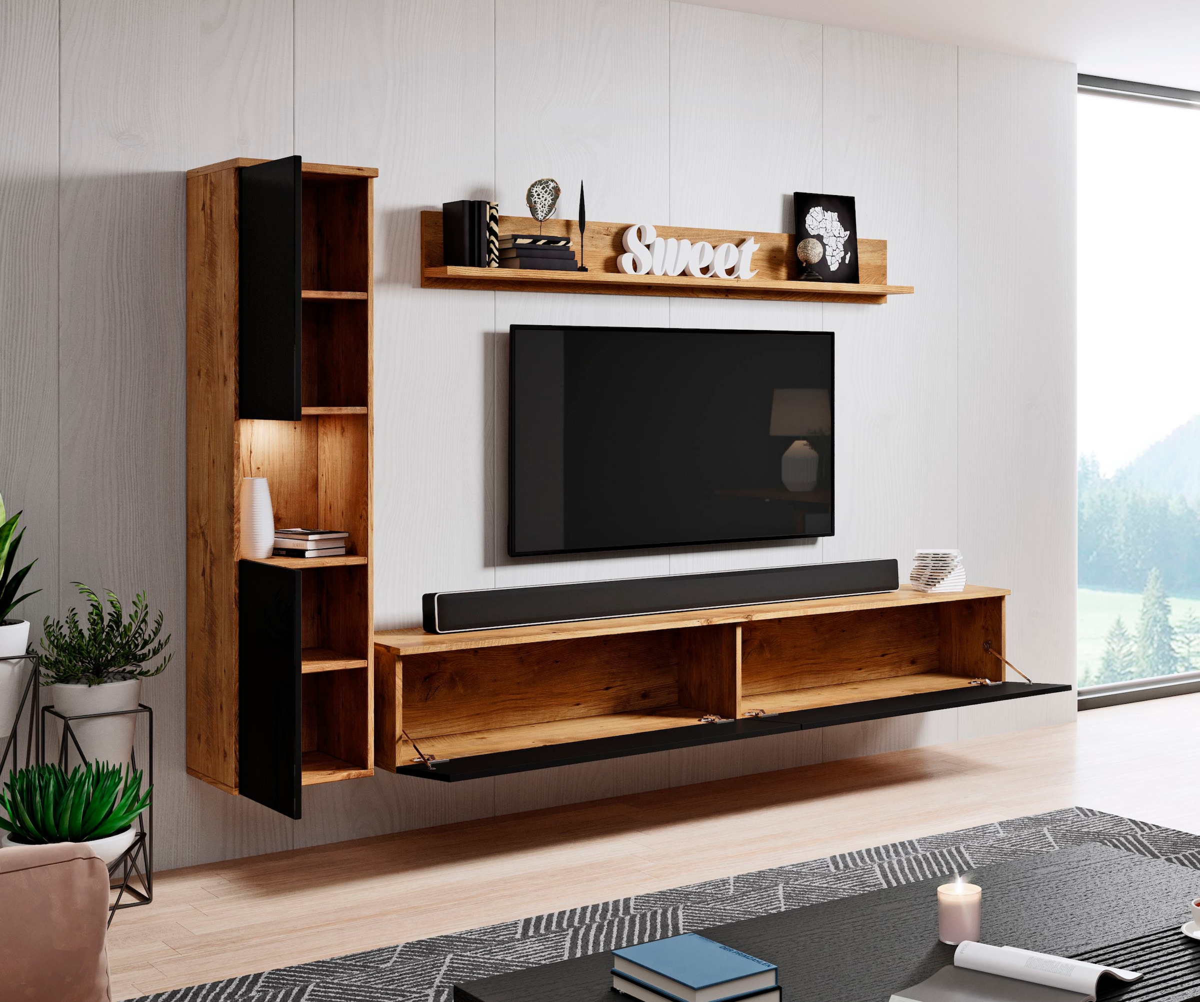 INOSIGN Wohnwand »PARIS«, (Komplett-Set, 3 St.), TV-Wand 220cm breite, grifflose Design, stehend und hängend montierbar