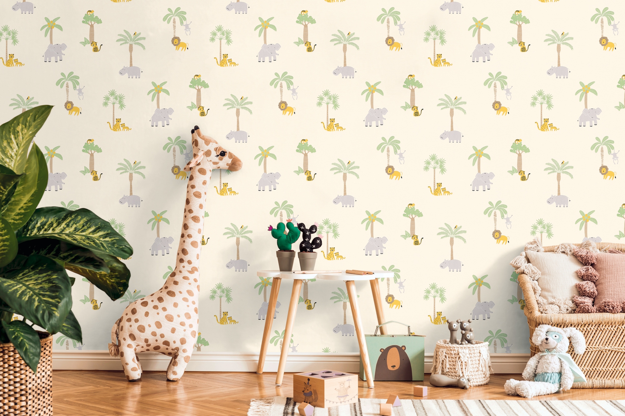 living walls Vliestapete »Kids Studio Safari – Tier Vliestapete für Kinder« Motiv | grafisch | naturalistisch glatt Safari-Tiere mit Elefanten, Tigern und Palmen