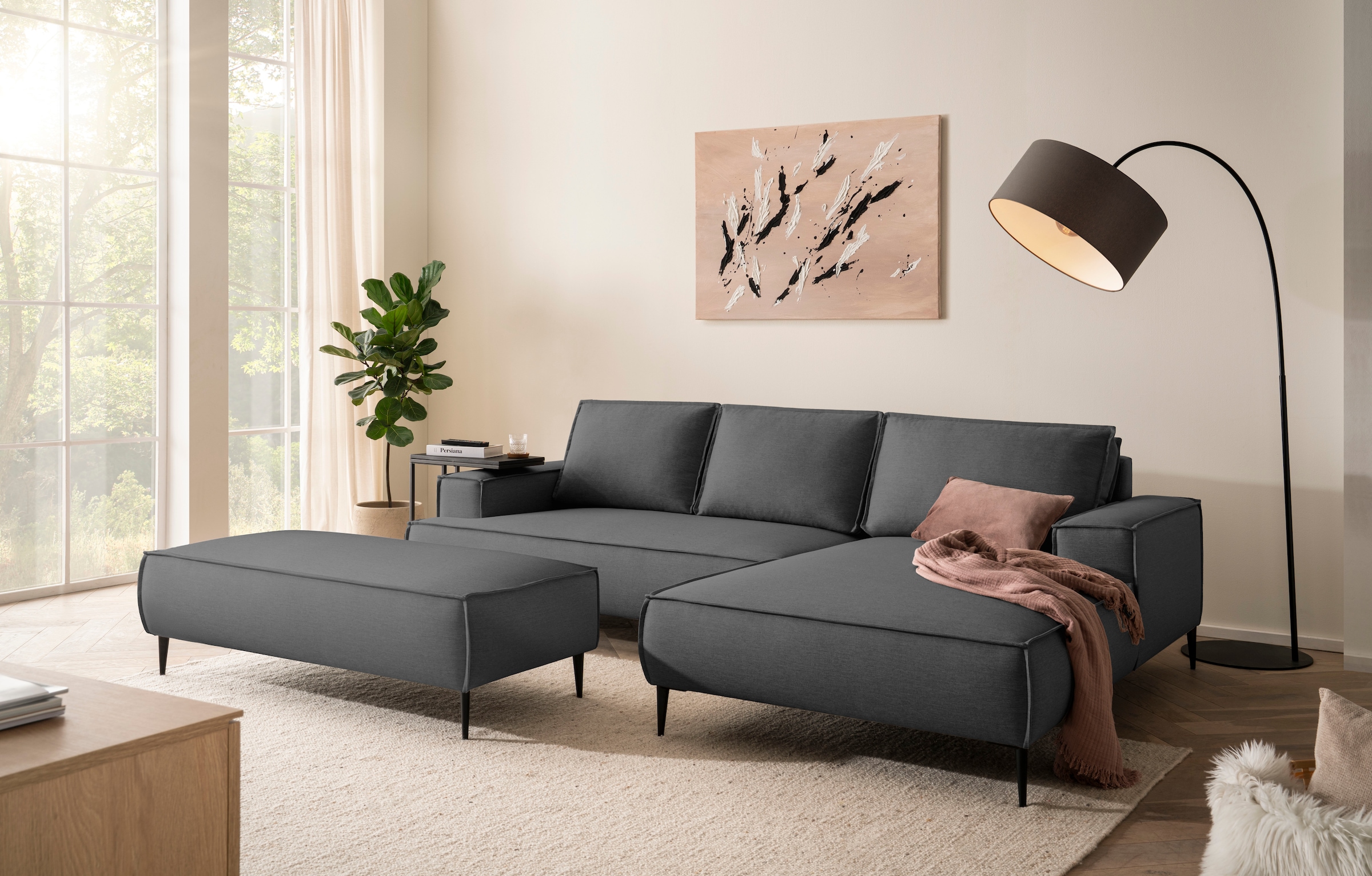andas Ecksofa »TVINNU, L-Form, 275cm, in Cord und Flachgewebe«, wahlweise Recamiere rechts/links, schwarze Füße, bequemer Sitzkomfort