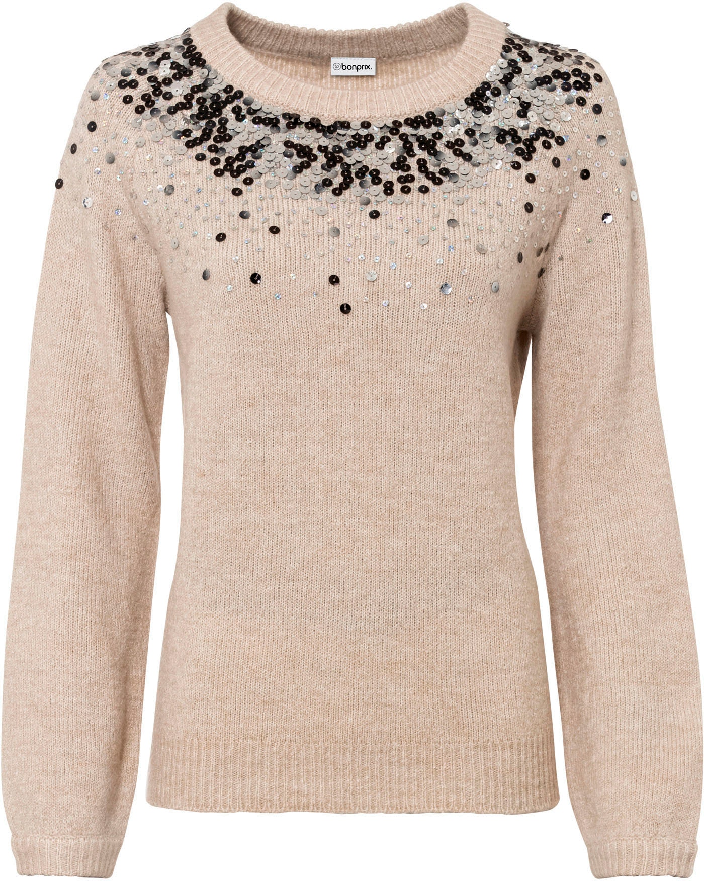 bonprix Strickpullover mit bunten Pailletten, Raglanärmel, bequem, Rundhals-Ausschnitt