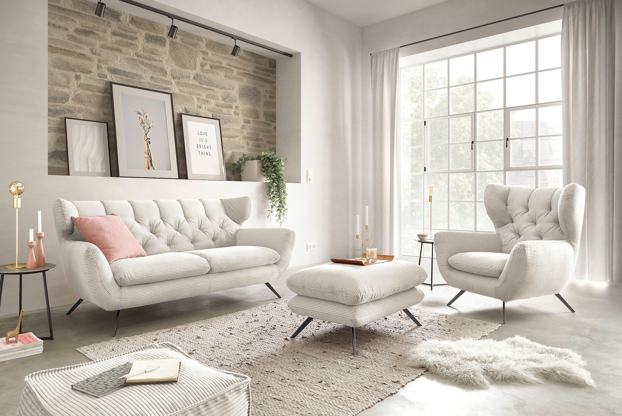 3C Candy Sessel »Beatrice Ohrensessel mit Knopfheftung im Rücken« bequemer Retro Solitärsessel auch in Cord und Fellimitat