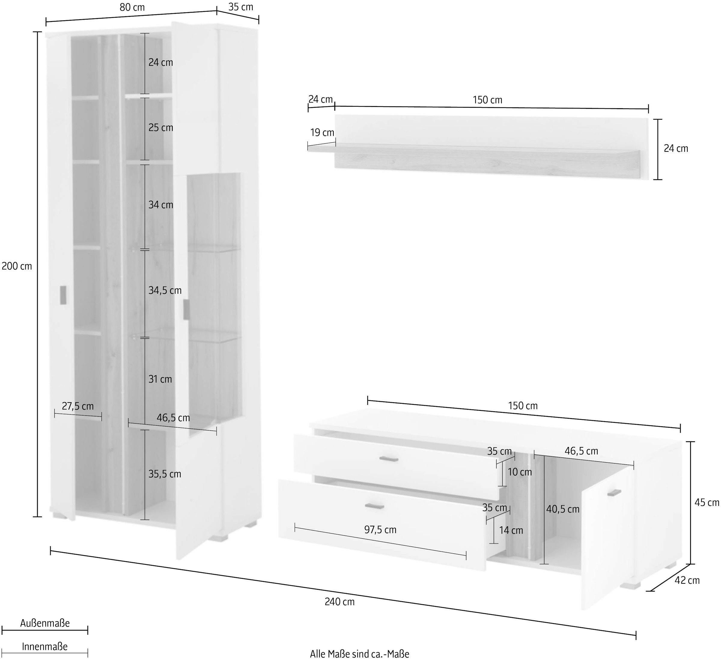 INOSIGN Wohnwand »LONG ISLAND«, (Set, 3 St.), in moderner Trendfarbe,inklusive senkrechter Beleuchtung,Breite 240 cm