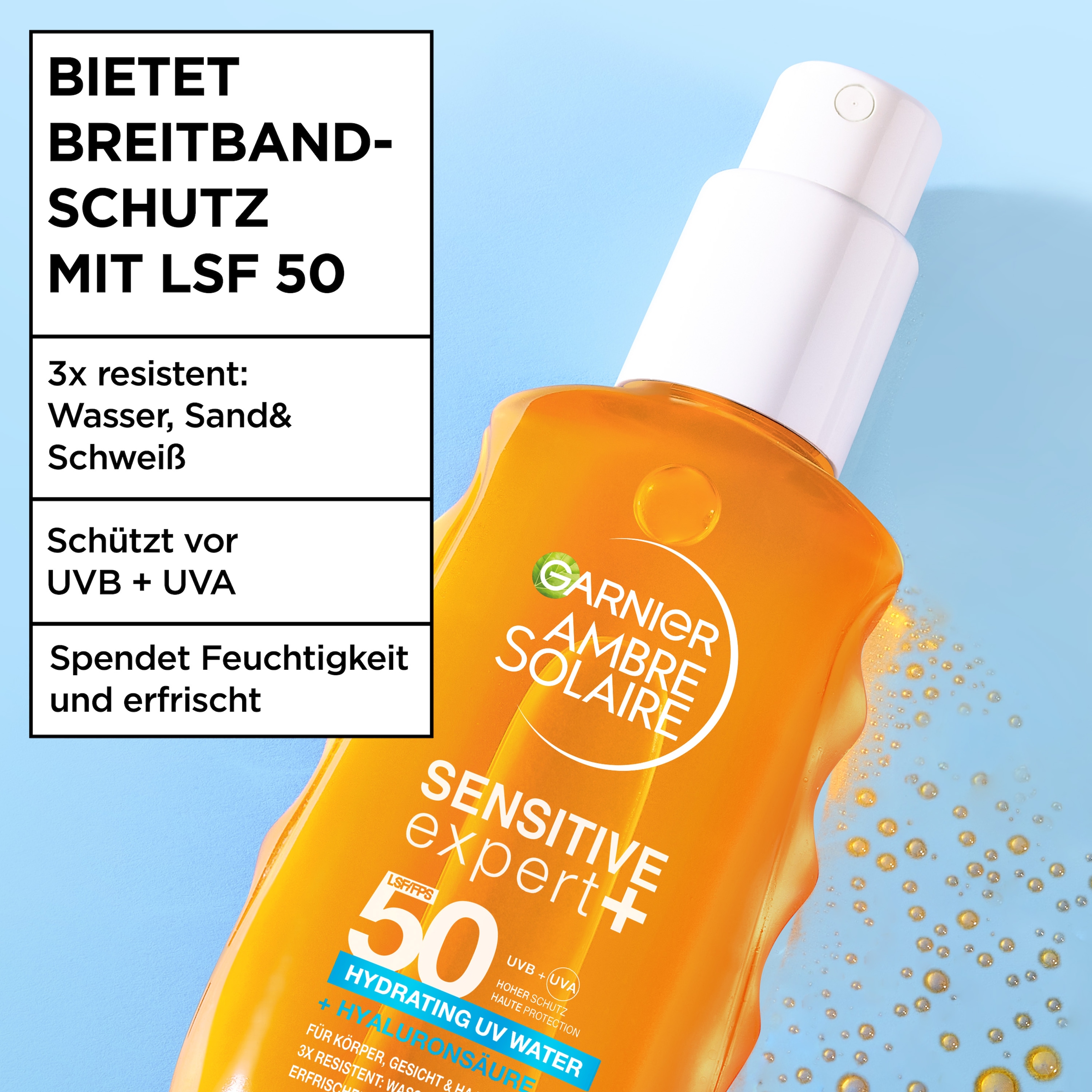 GARNIER Sonnenschutzspray »AMBRE SOLAIRE SENSITIVE EXPERT + HYDRATING UV WATER LSF 50« mit LSF 50, für Körper, Gesicht und Haare geeignet