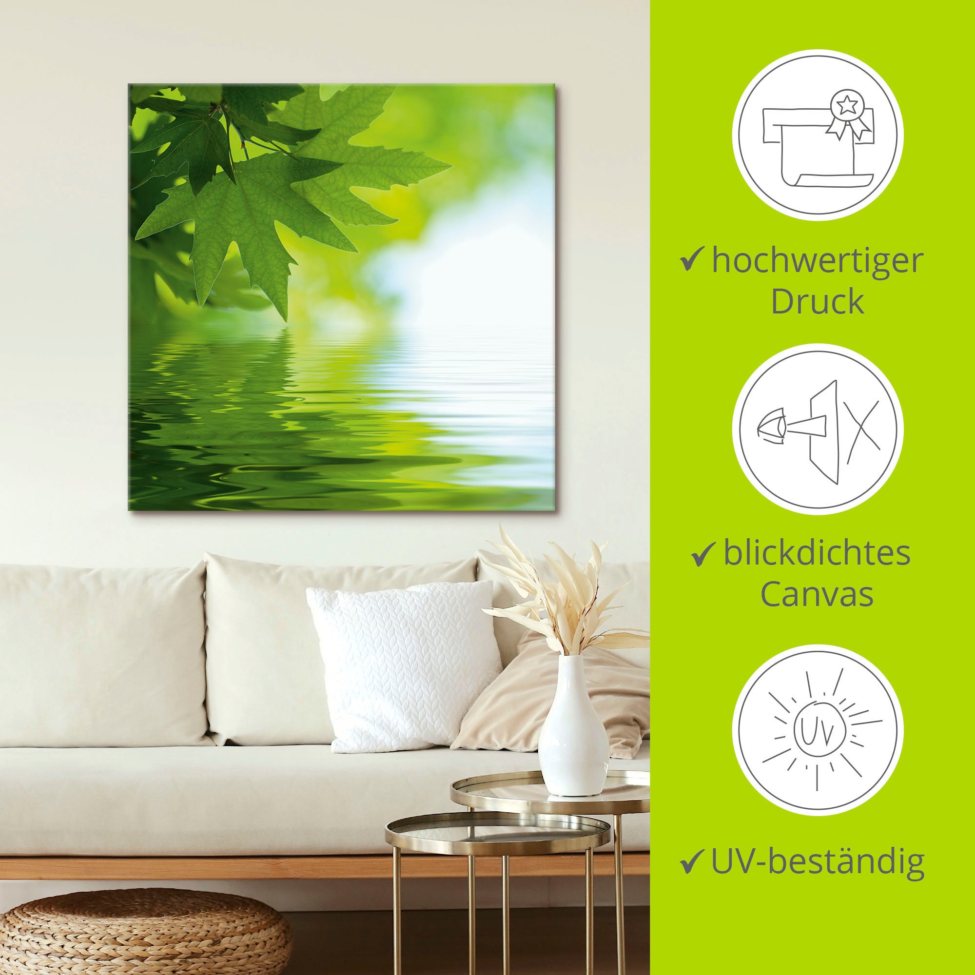 Artland Wandbild »Grüne Blätter reflektieren im Wasser«, Blätter, (1 St.), als Leinwandbild, Poster, Wandaufkleber in verschied. Größen