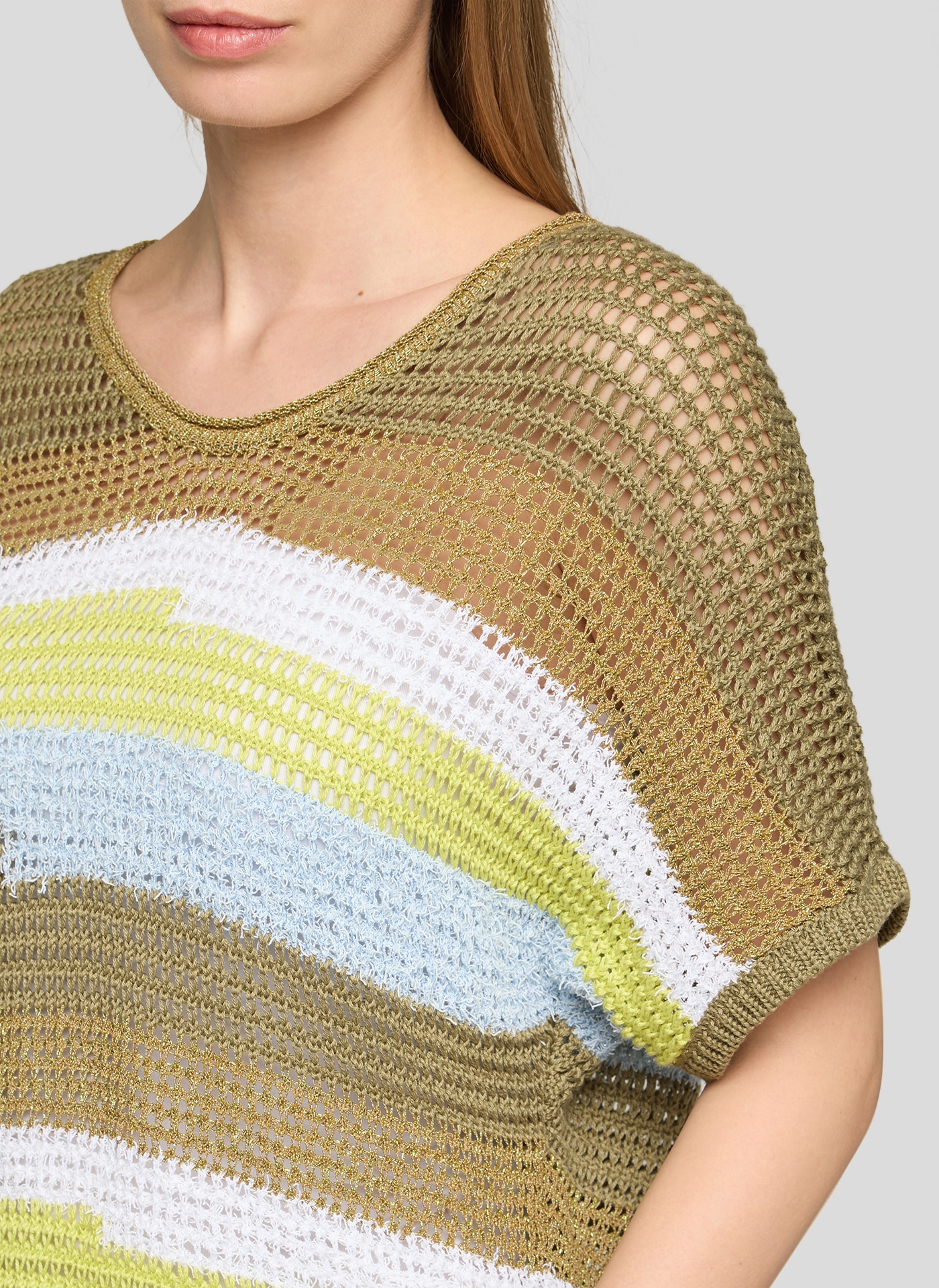 Rabe Strickpullover Halbarm mit Colorblocking-Streifen und im Häkel-Look