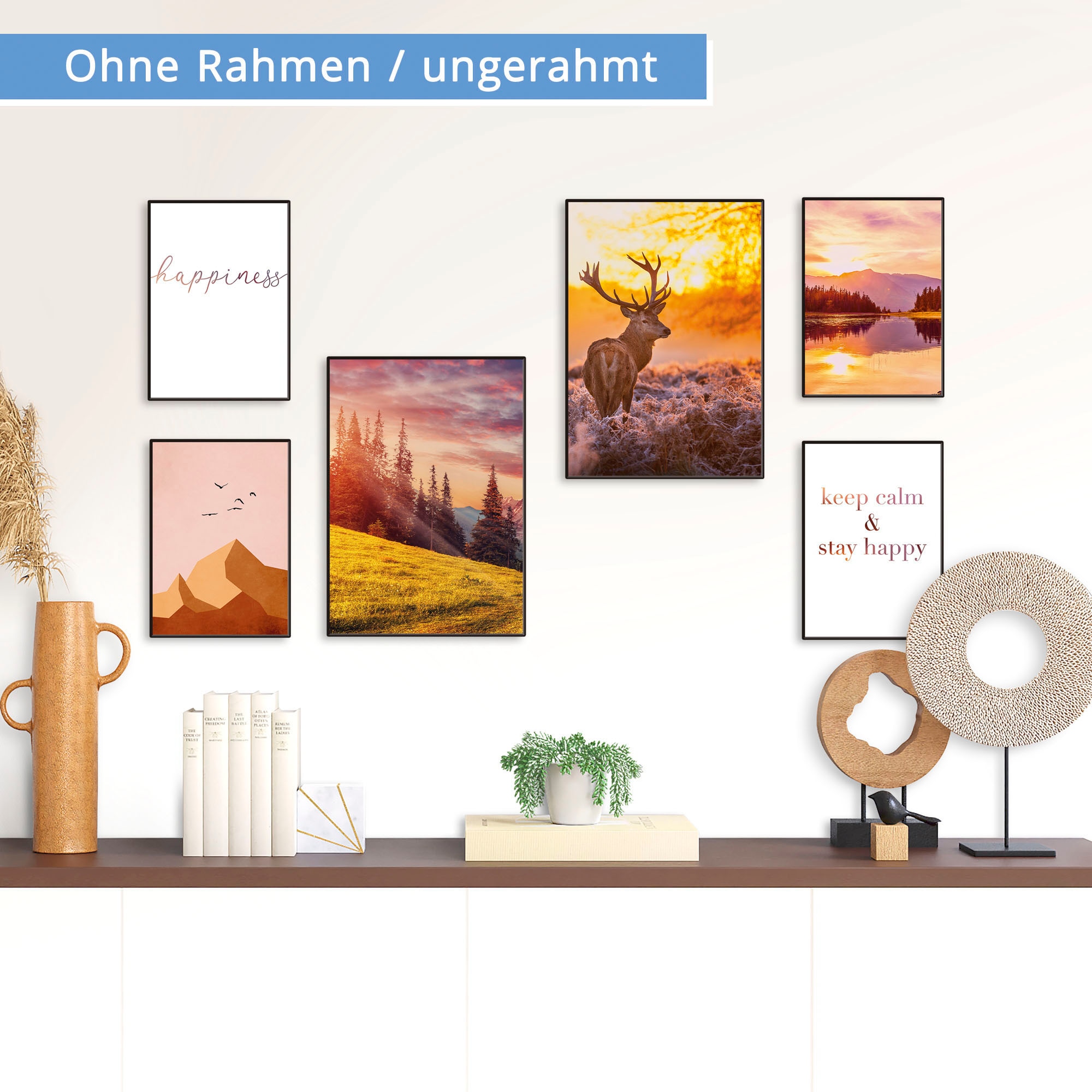 Artland Poster »Natur im Sonnenuntergang«, Berge & Alpenbilder, (Set, 6 St.), 6er Set, 2xDIN A3 / 4xDIN A4, ohne Rahmen