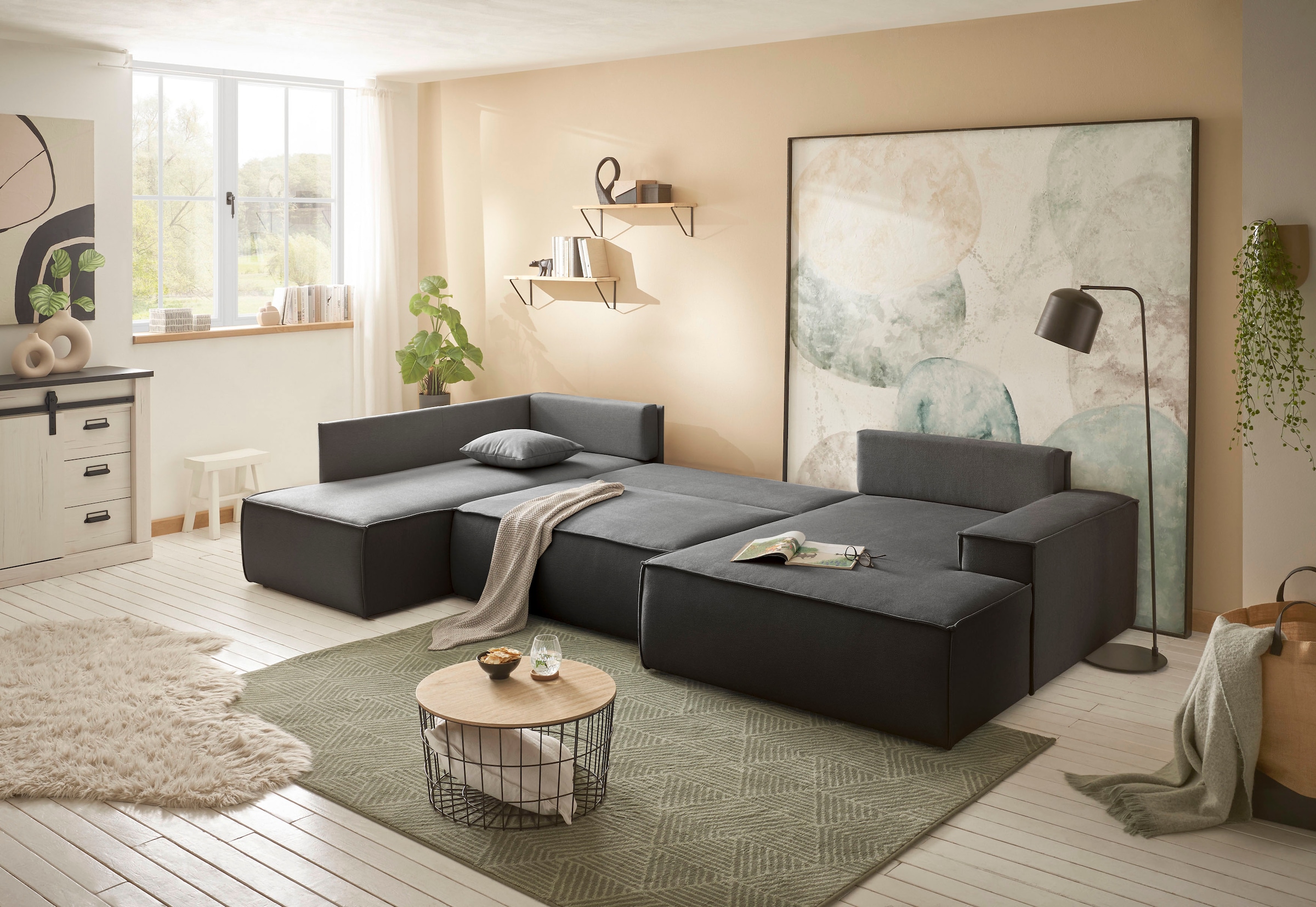 andas Wohnlandschaft »FINNLEY U-Form XXL 329 cm, Schlafsofa, Schlaffunktion m. Bettkasten«, (194/139 cm), Bouclé, Struktur und Cord