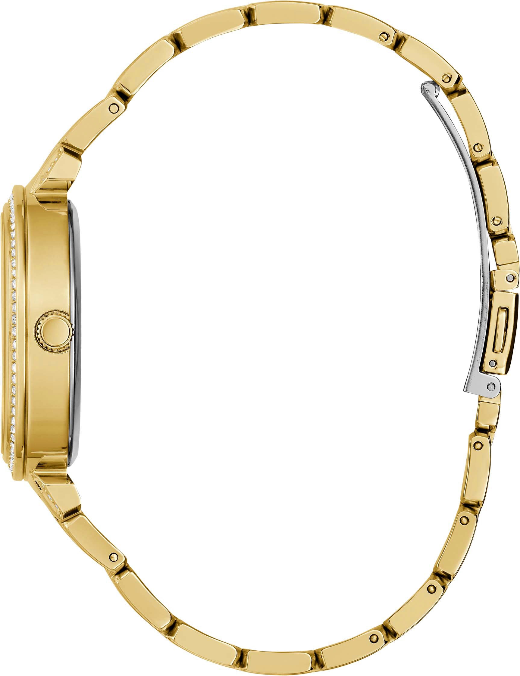Guess Quarzuhr »LILY«, Armbanduhr, Damenuhr, analog, Kristallsteine, Edelstahlarmband