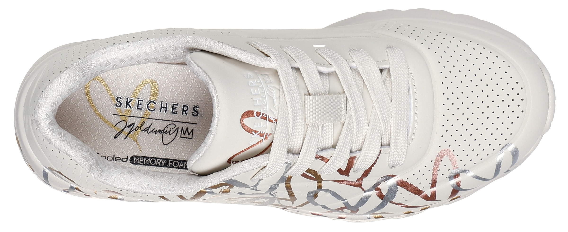Skechers Plateausneaker »Skechers x JGoldcrown: Uno Lite - Metallic Love«  , Schnürschuh, Keilsneaker mit Herzchen im Metallic Look bedruckt
