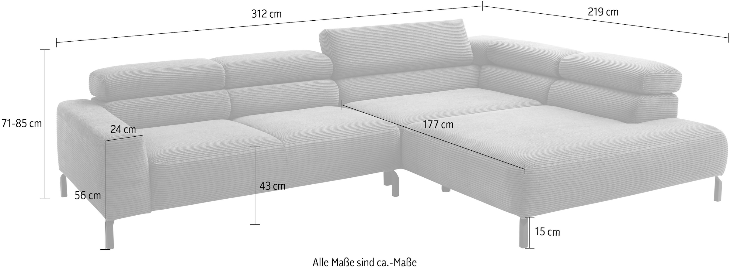 Places of Style Ecksofa »Antonelli, L-Form, inkl. Kopfteilverstellung, Breite 312 cm«, mit elektrischer Sitztiefenverstellung, in Cord, rosé