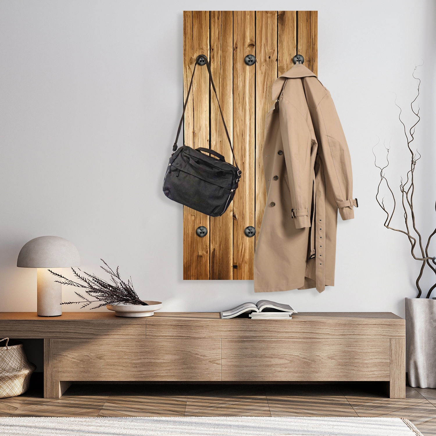 queence Wandgarderobe »Paneel Holzleisten Optik« 1 Stk. tlg. Wandpaneel aus Acrylglas inkl. 6 Edelstahlhaken in schwarz matt