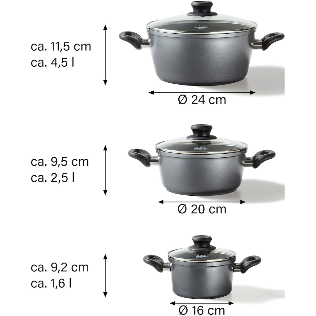 STONELINE Topf-Set, Aluminium, (Set, 6 tlg., 1x Kochtopf Ø 16 cm, 1x Kochtopf Ø 20 cm, 1x Kochtopf Ø 24 cm)