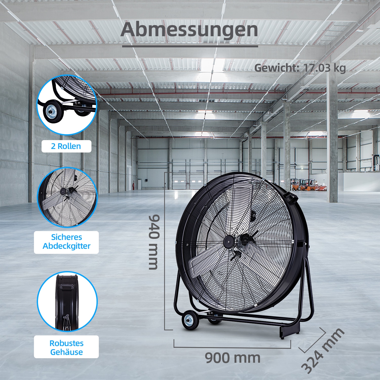 be cool Windmaschine »Industrie-Windmaschine 75cm BCIWM75CM schwarz«, fahrbarer, Vollkupfermotor, Aluminium-Rotor, Spinnennetz-Schutzgitter