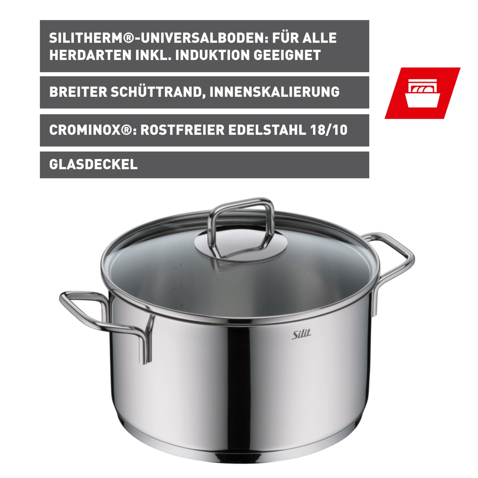 Silit Kochtopf »Extra Cook, mit Glasdeckel«, Edelstahl 18/10, (2 tlg.), SiliTherm Universalboden, induktionsgeeignet, spülmaschinengeeignet
