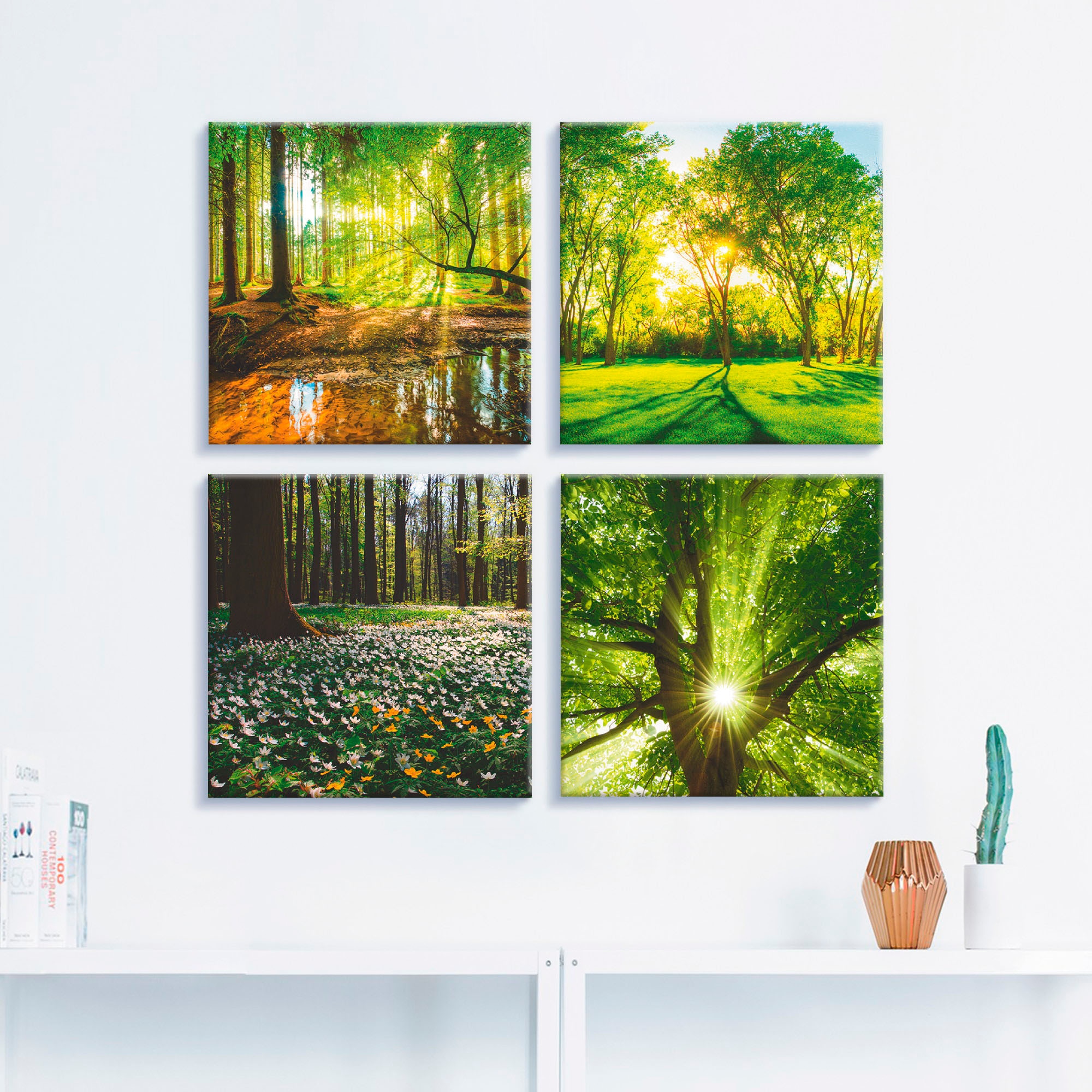 Artland Leinwandbild »Wald Bach Frühling Windrosen Sonne Baum«, Wald, (4 St.), 4er Set, verschiedene Größen