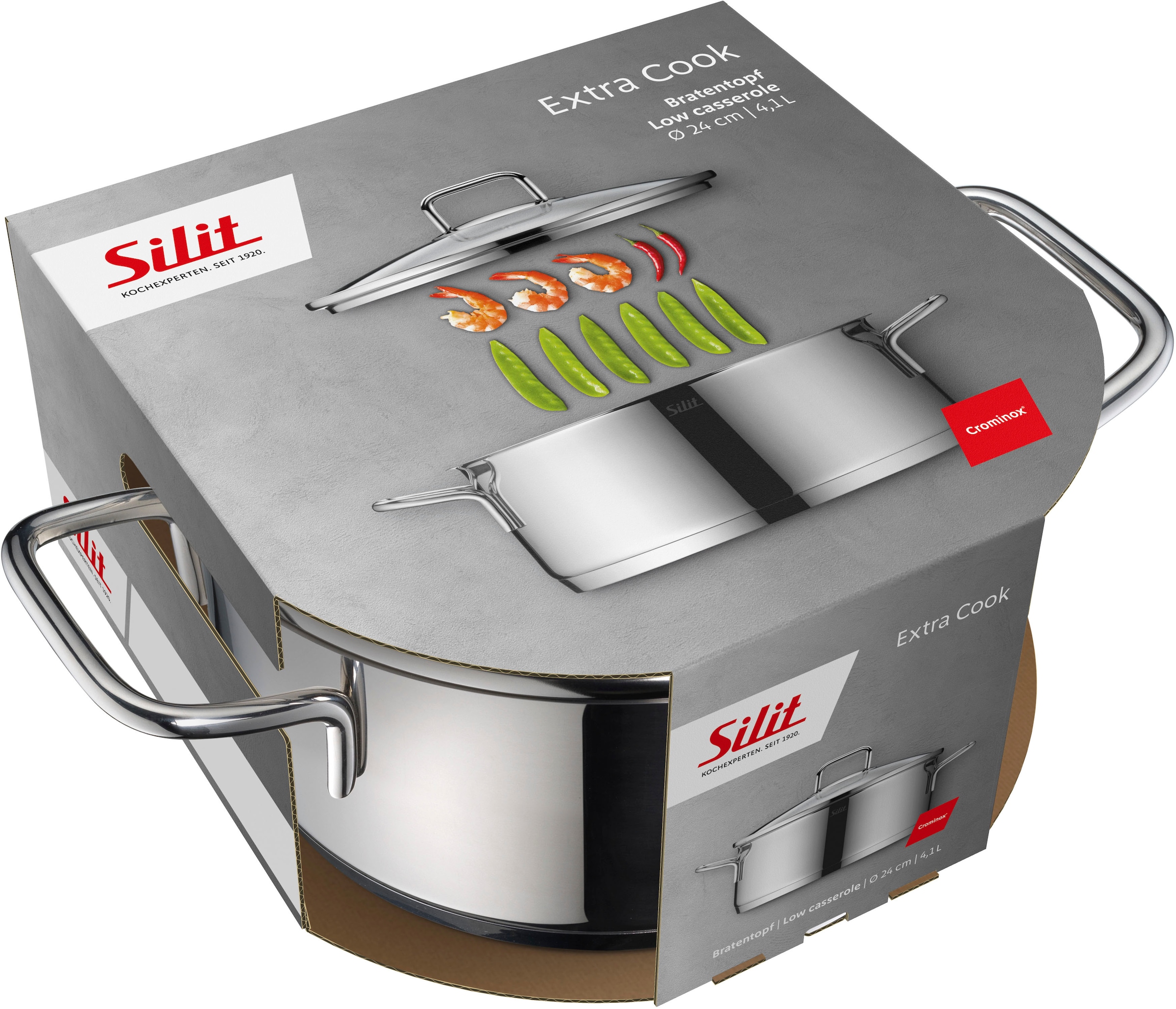 Silit Bratentopf »Extra Cook, mit Glasdeckel«, Edelstahl 18/10, (2 tlg.), SiliTherm Universalboden, induktionsgeeignet, spülmaschinengeeignet