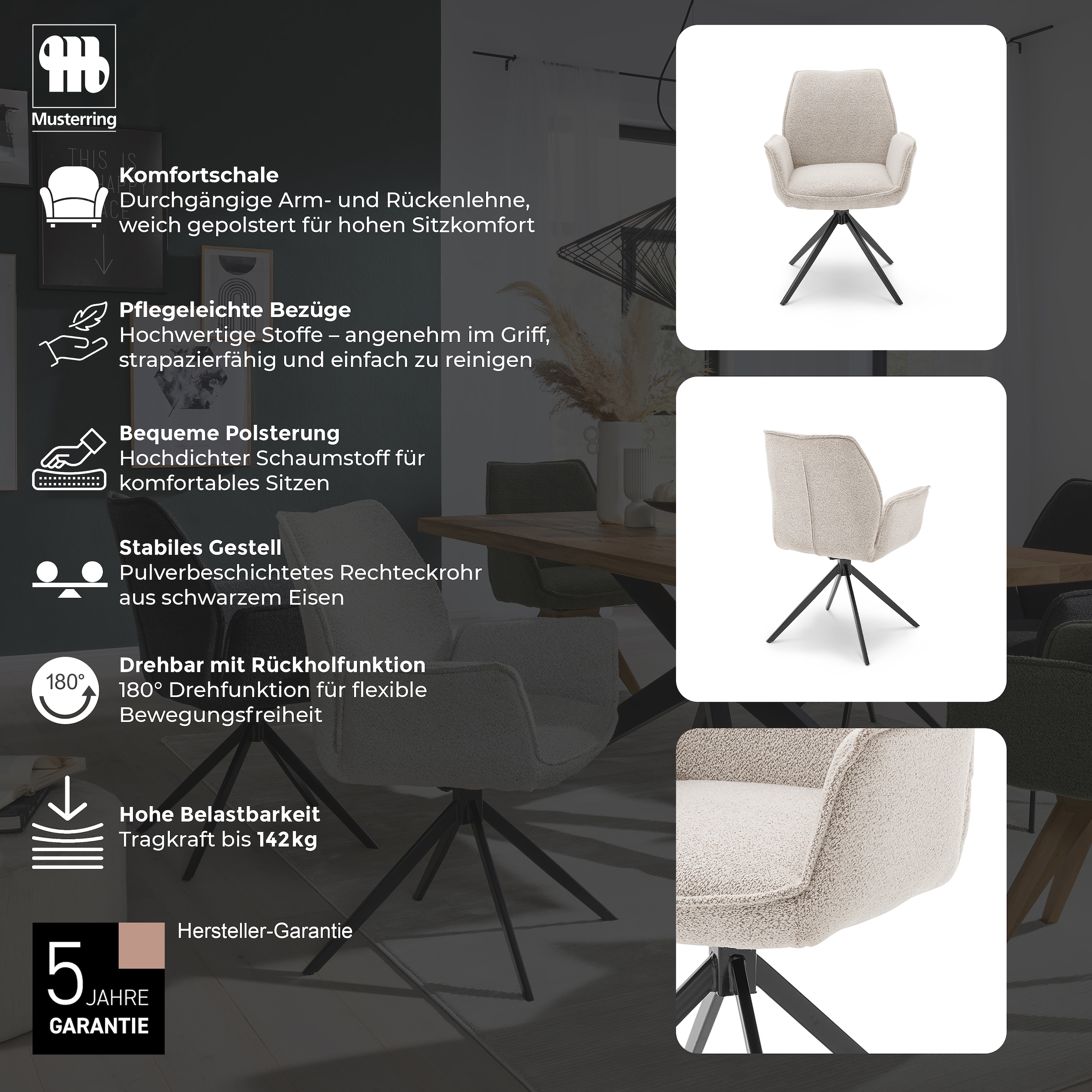 Musterring Esszimmerstuhl »Tiama« (Set) 2 Stk.Stativgestell aus Eisen schwarz, 180° drehbar, Stoff Cord oder Bouclé