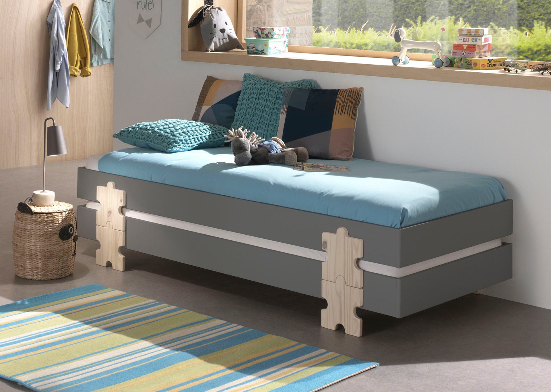 Vipack Kinderbett »Modulo, stapelbares Einzelbett, inkl. Rolllattenrost, 2 Farben« B/H/T ca. 203,6x93,8x48cm, Fuß Puzzle massiv, Bettseiten MDF lackiert,  Liegefläche 90/200 cm, einzeln oder als 2-er Set erhältlich